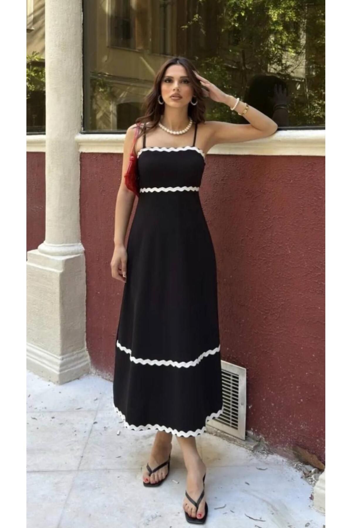 MODA Kadın İnce İp Askılı A Kesim Midi Boy Vintage Elbise