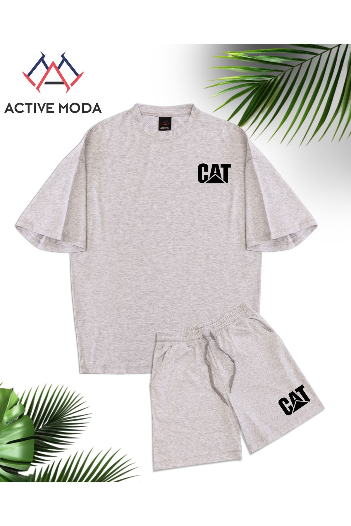 ACTIVE MODA - ERKEK KISA KOLLU PAMUKLU TSHIRT-ŞORT 2Lİ TAKIM OVERSİZE GRİ RENK