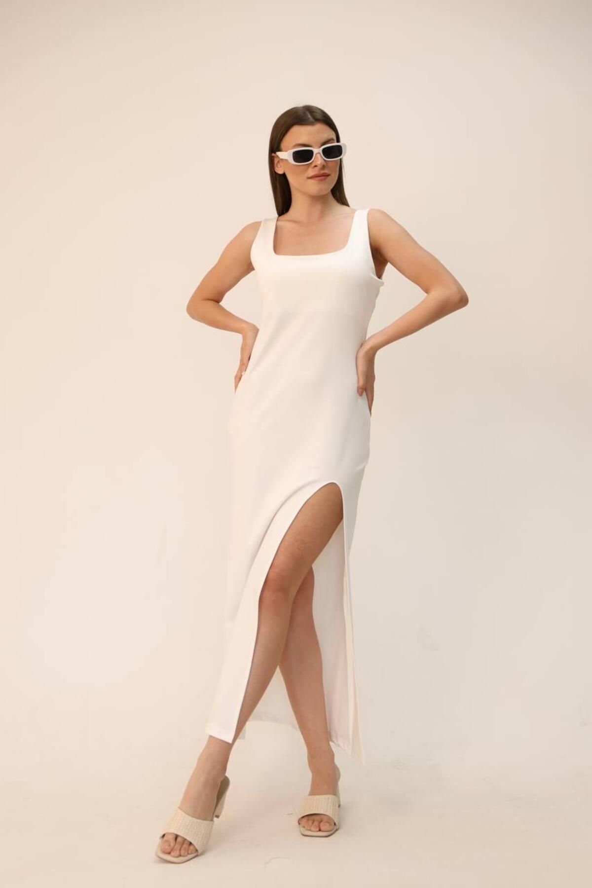 MODA Kadın Elbise Osho Etek Yırtmaçlı Atlet Askılı