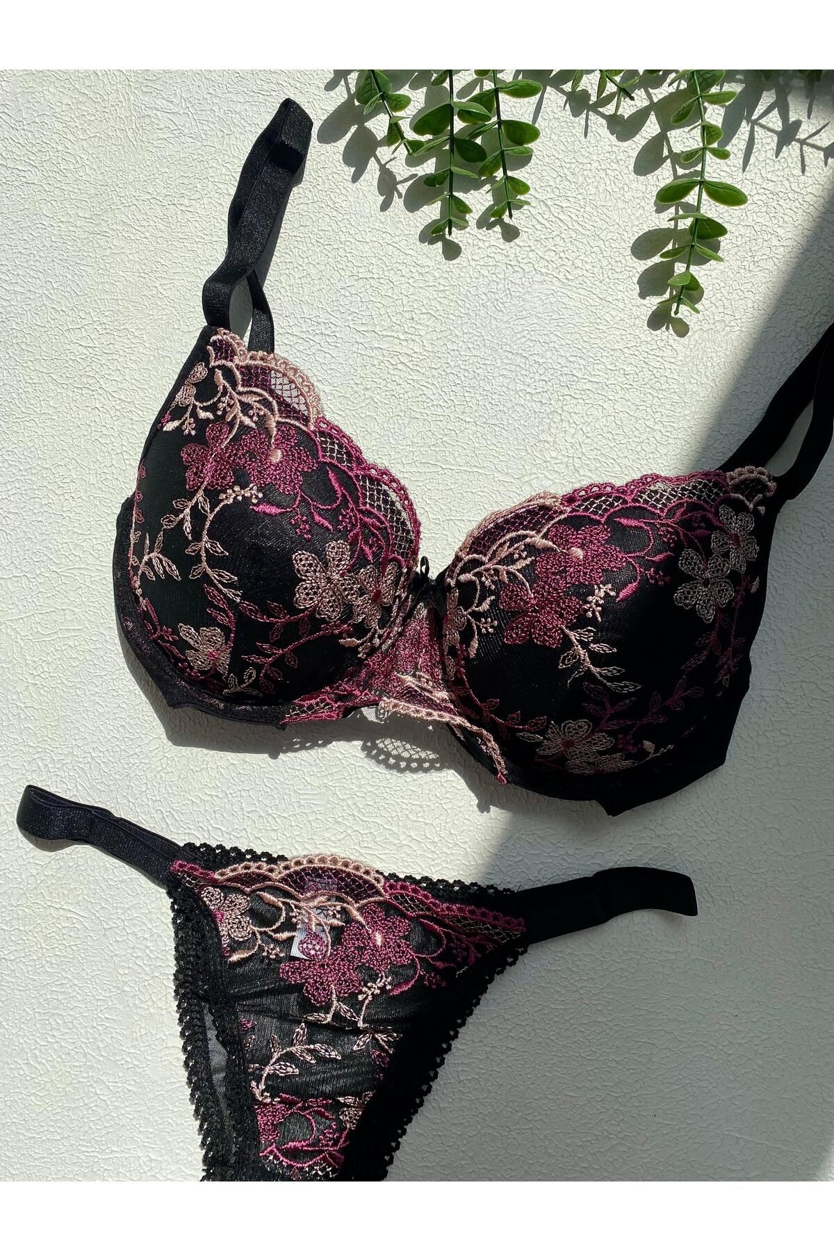 BLUEAVCI Siyah Çiçekli Push Up İç Çamaşırı Takımı