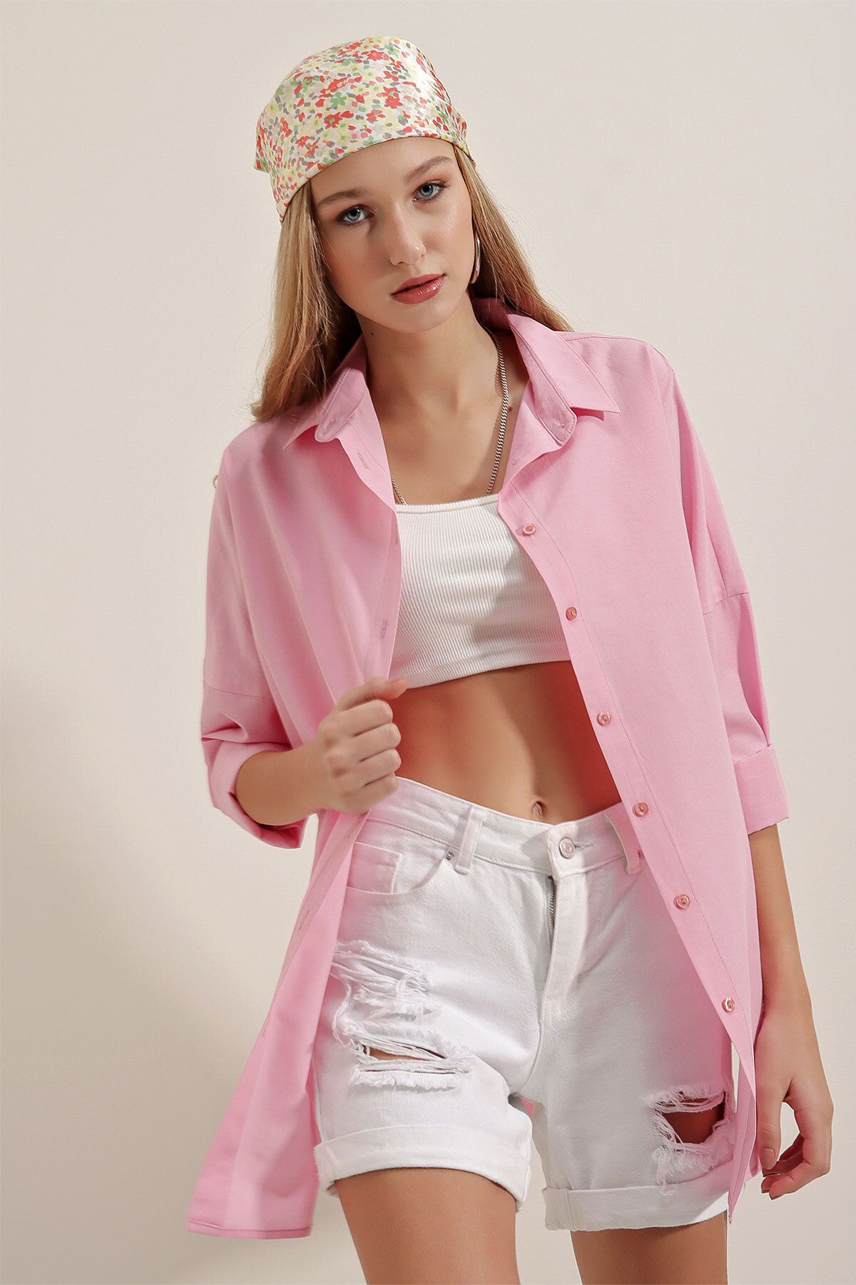 Merterium Kadın Uzun Oversize Gömlek 1001 - Pembe