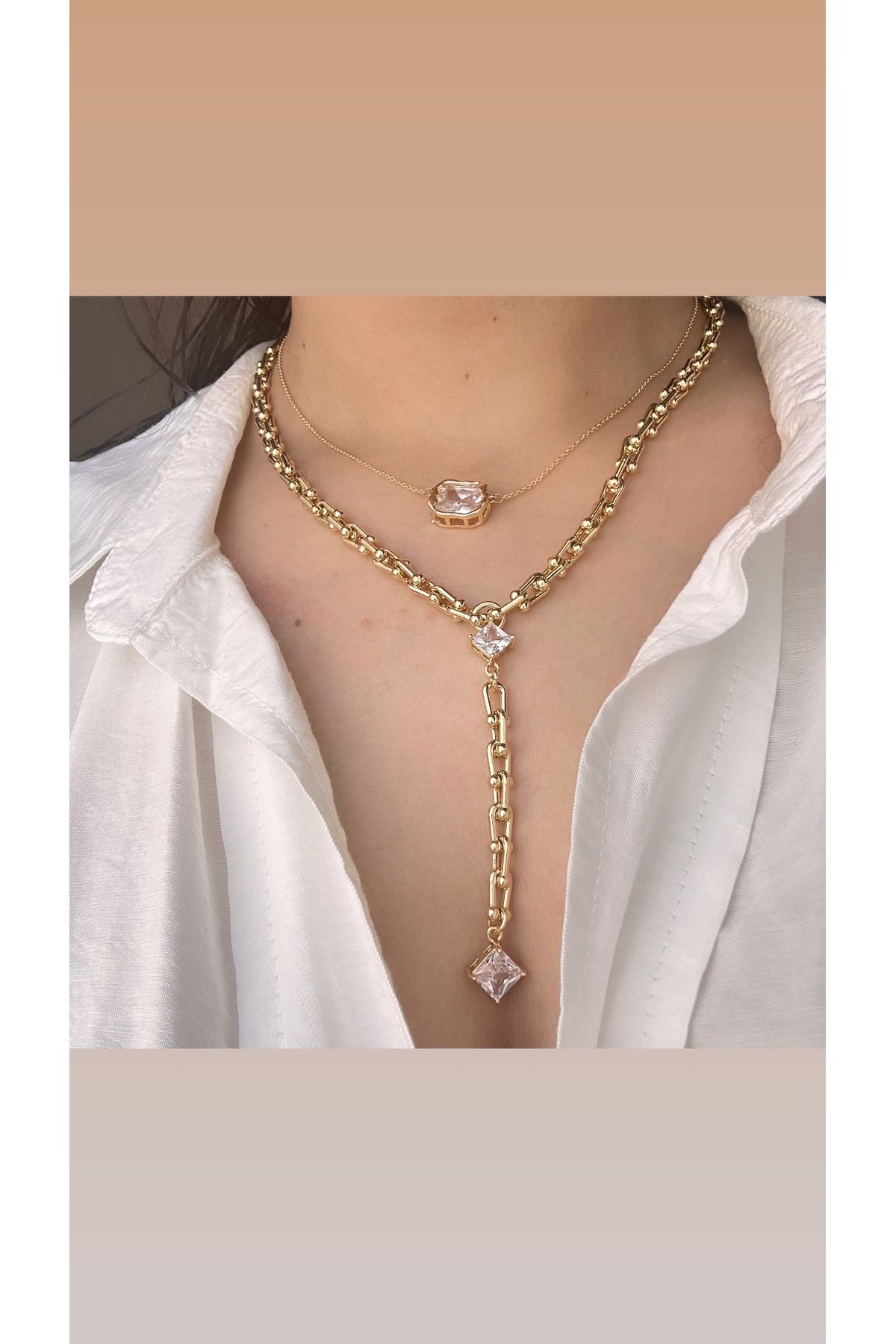 shop Çelik paslanmaz Y model zincir taşlı kolye