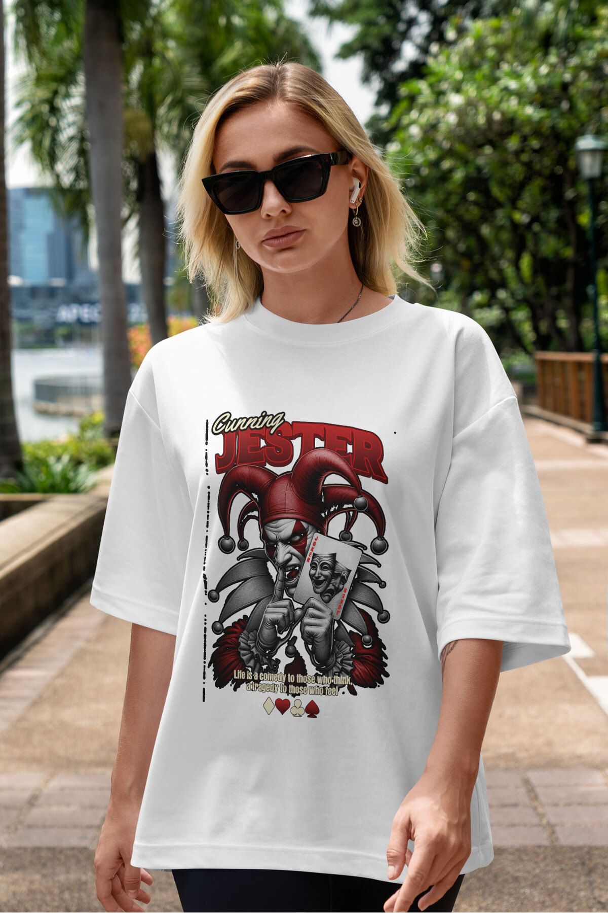 ELFAMİ Unisex Erkek/Kadın JESTER Renkli Özel Baskılı Oversize Pamuklu Bisiklet Yaka T-Shirt Tişört