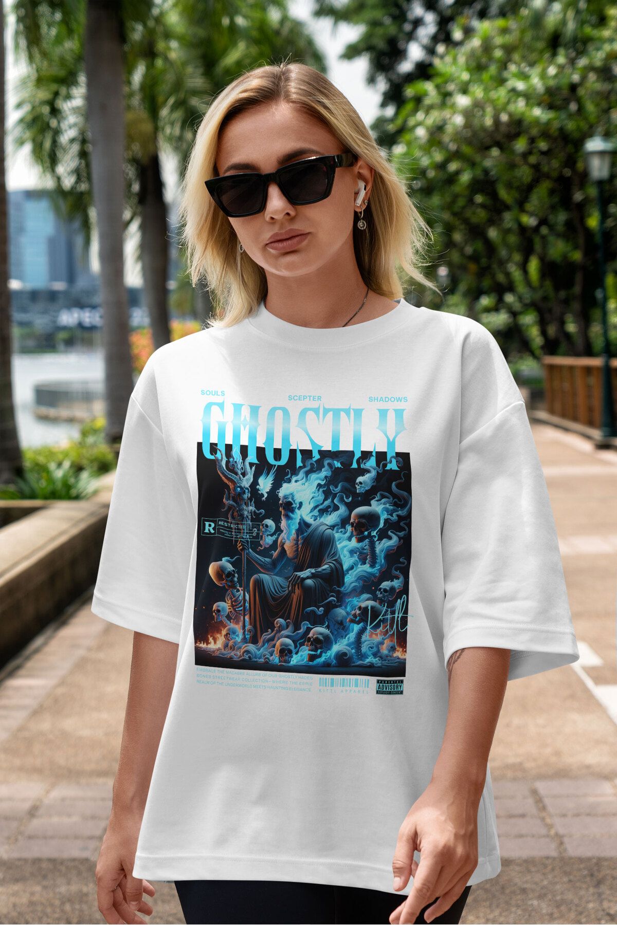 ELFAMİ Unisex Erkek/Kadın GHOSTLY Renkli Özel Baskılı Oversize Pamuklu Bisiklet Yaka T-Shirt Tişört