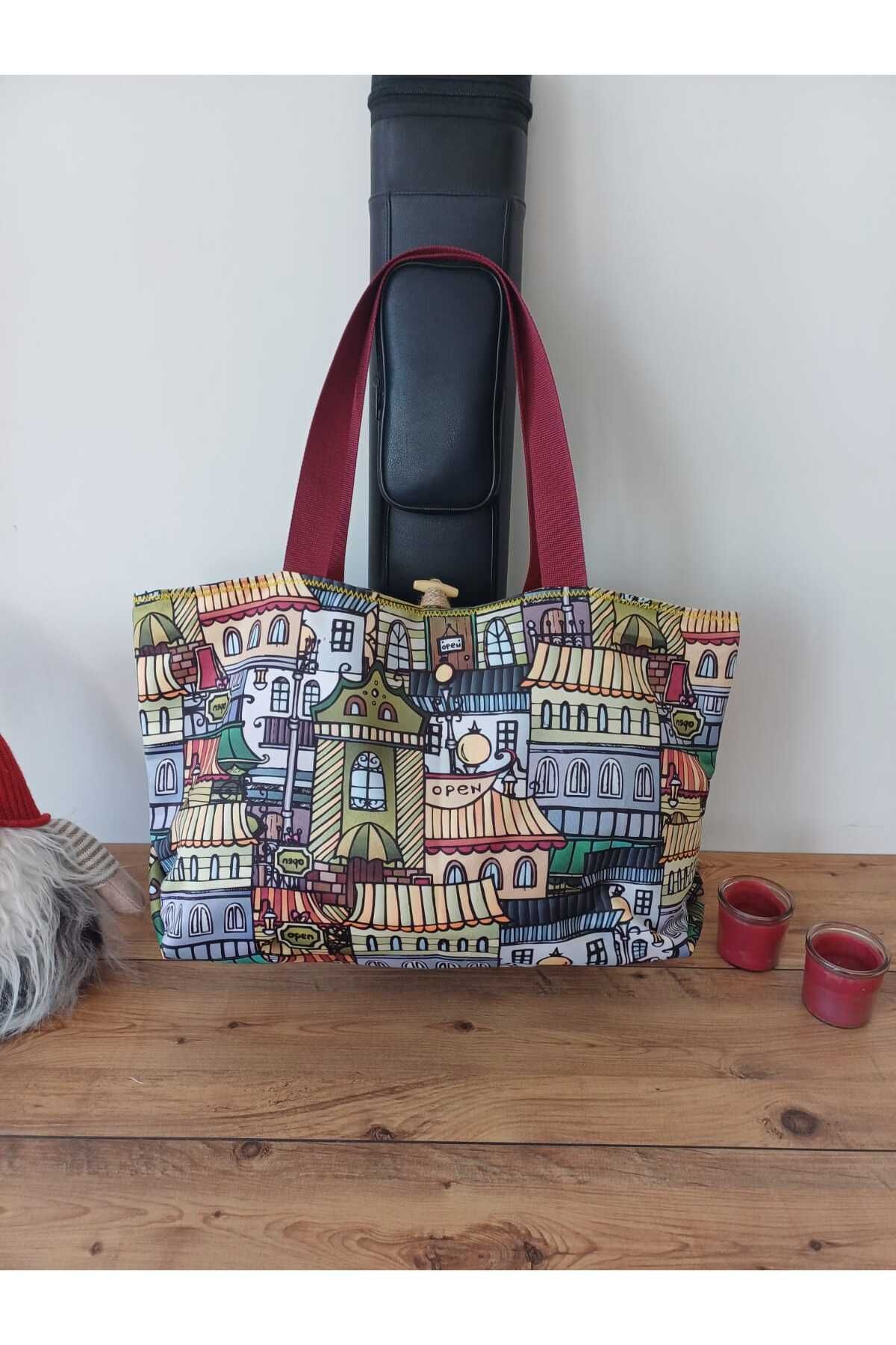 Tüylü Tükkan 35*50 CM ŞEHİR TEMALI SARI PLAJ OMUZ ÇANTASI