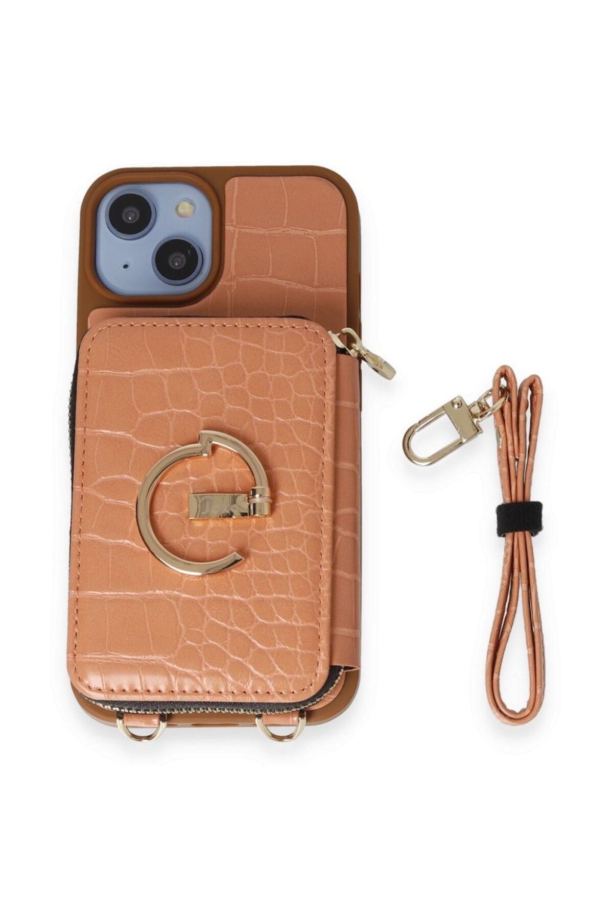 TFY STORE İPhone 14 Uyumlu 3 Parça Açık Kahverengi Çanta Cüzdan Askılık Set Kılıf