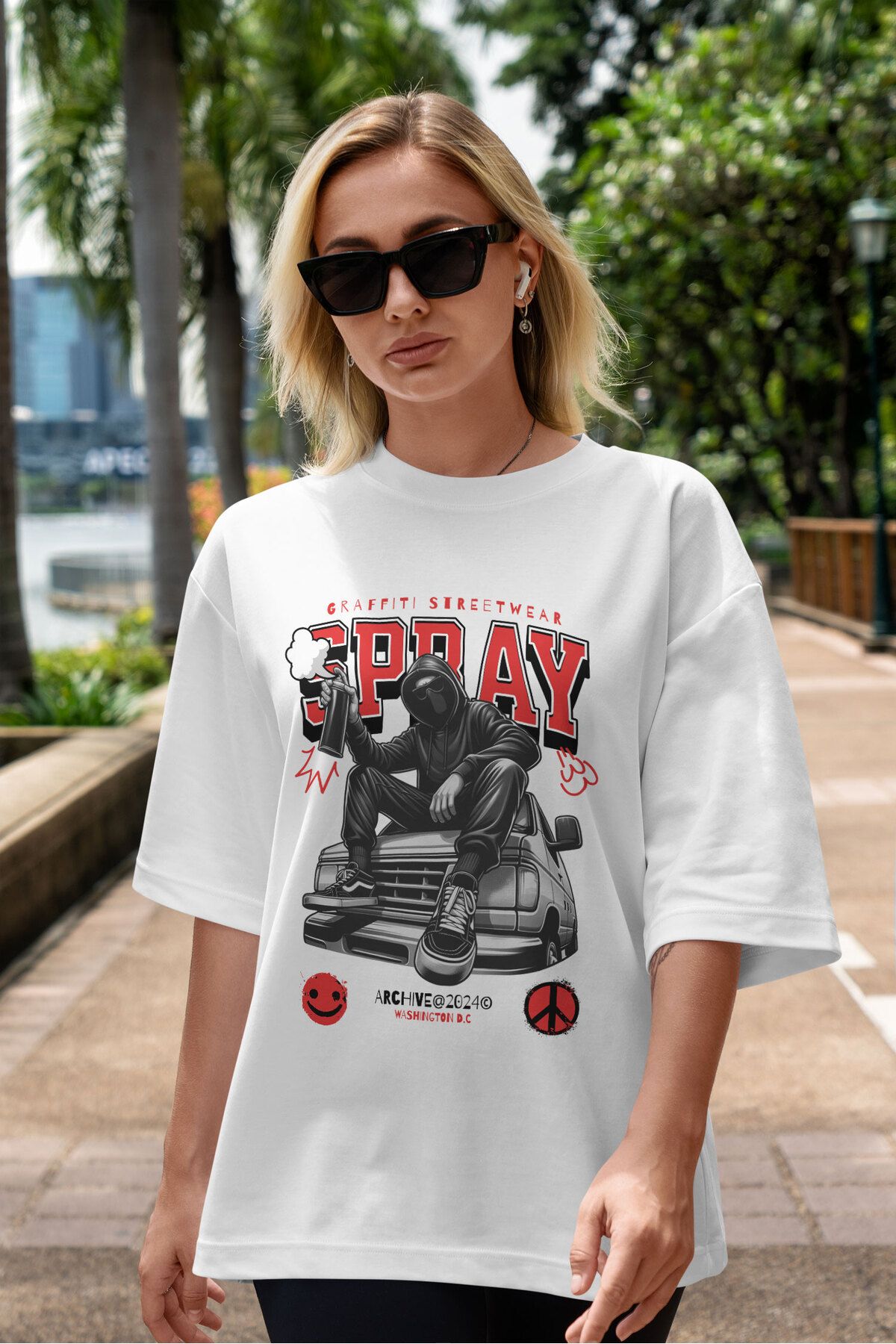 ELFAMİ Unisex Erkek/Kadın SPRAY Renkli Özel Baskılı Oversize Pamuklu Bisiklet Yaka T-Shirt Tişört