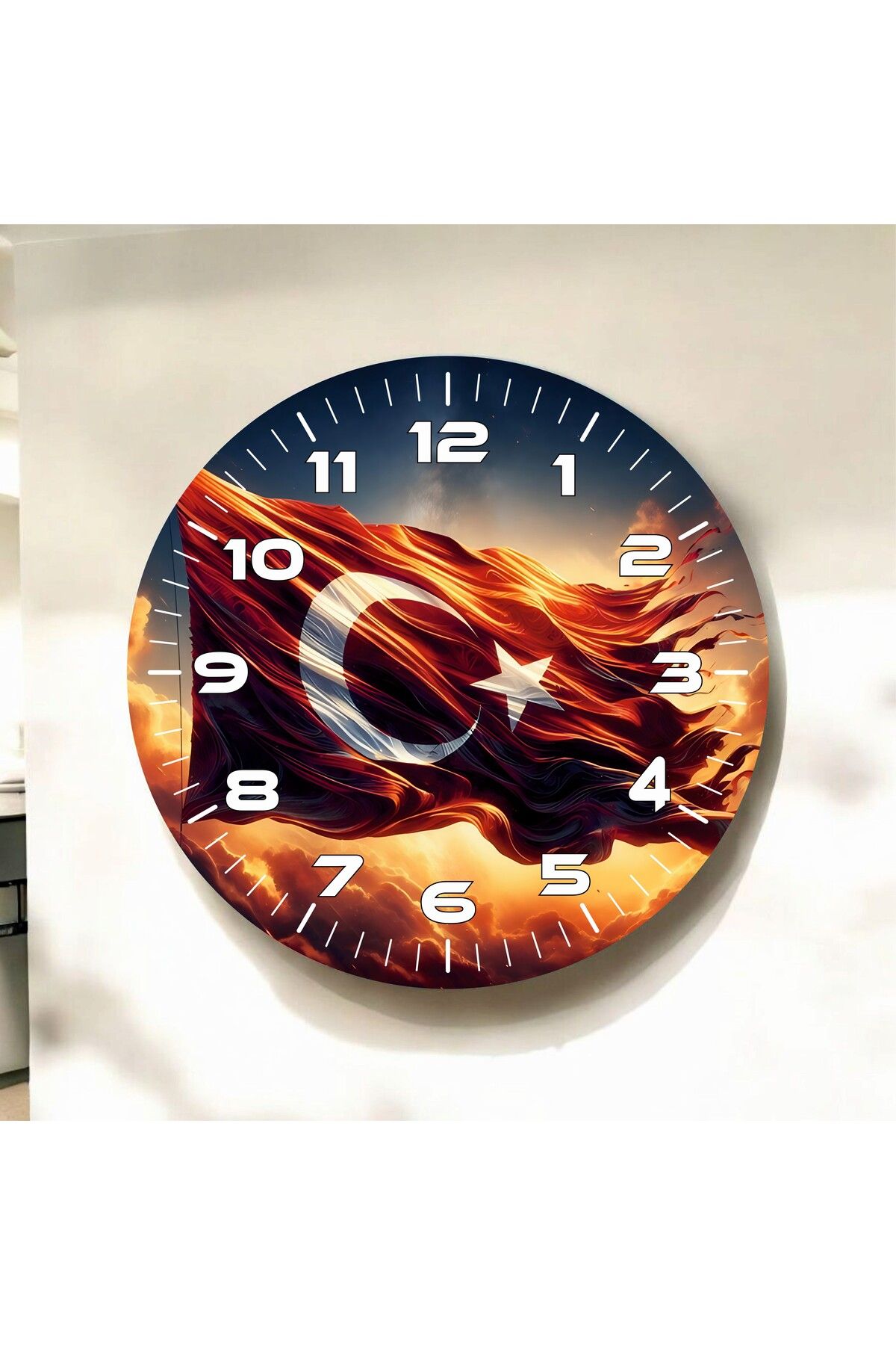 AA Shop Renkli Baskı Türk Bayrağı Desenli Sayılı Hediyelik Ahşap Sessiz Duvar Saati 50cm