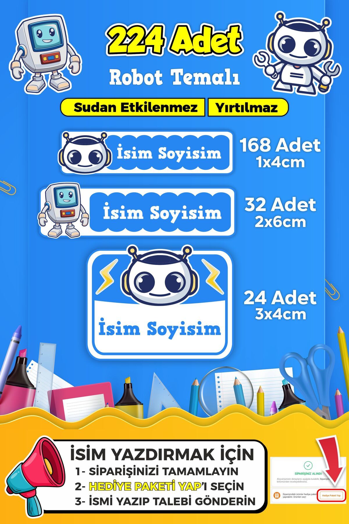 SB store Robot Temalı Okul Kreş Kişiye Özel isim Etiket Seti - Model 439