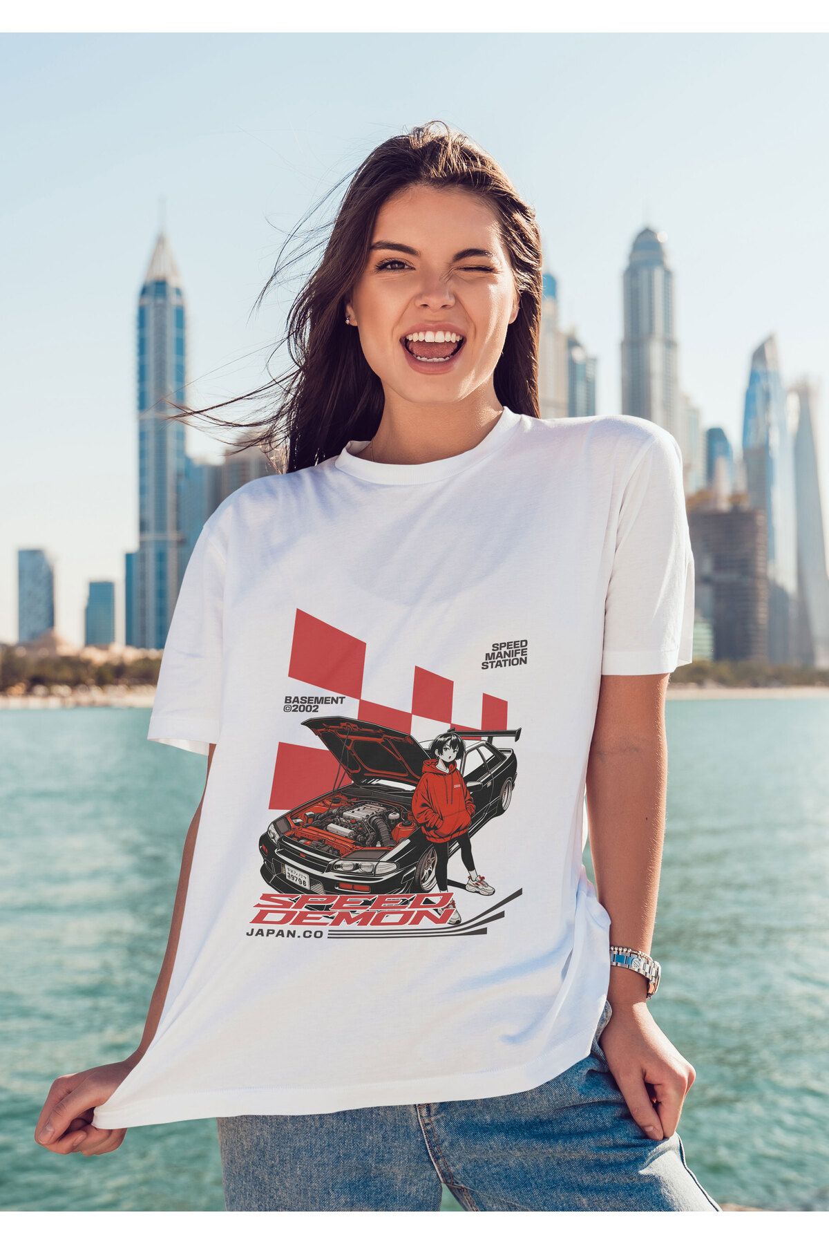 ELFAMİ Unisex Erkek/Kadın SPEED DEMON Renkli Özel Baskılı Oversize Pamuklu Bisiklet Yaka T-Shirt Tişört