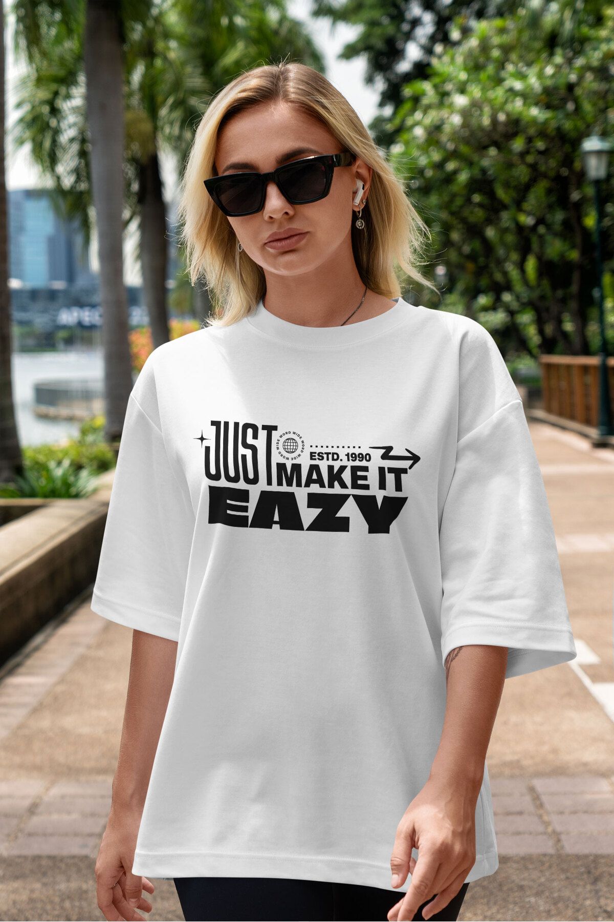 ELFAMİ Unisex Erkek/Kadın EAZY Renkli Özel Baskılı Oversize Pamuklu Bisiklet Yaka T-Shirt Tişört