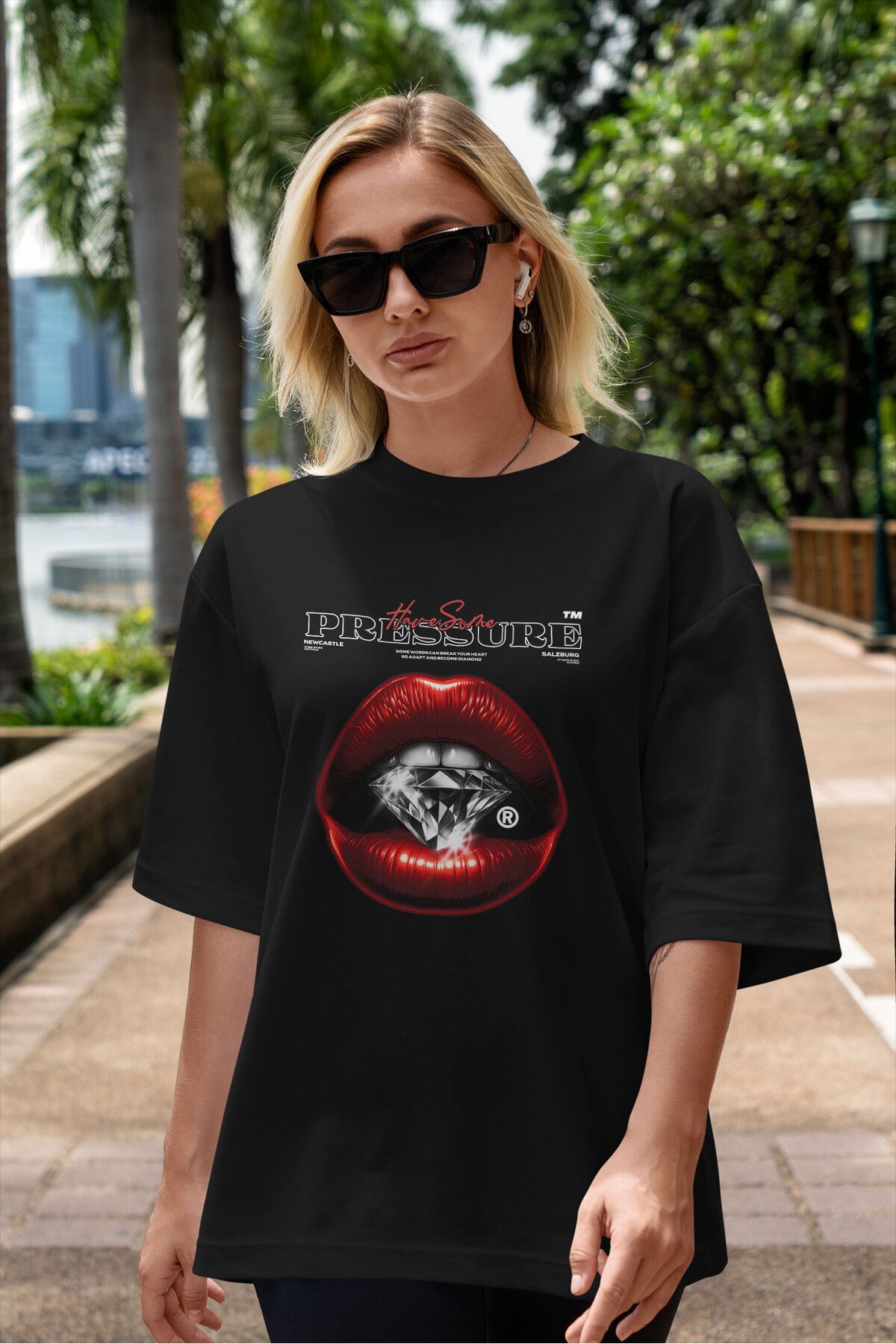 ELFAMİ Unisex Erkek/Kadın PRESSURE Renkli Özel Baskılı Oversize Pamuklu Bisiklet Yaka T-Shirt Tişört