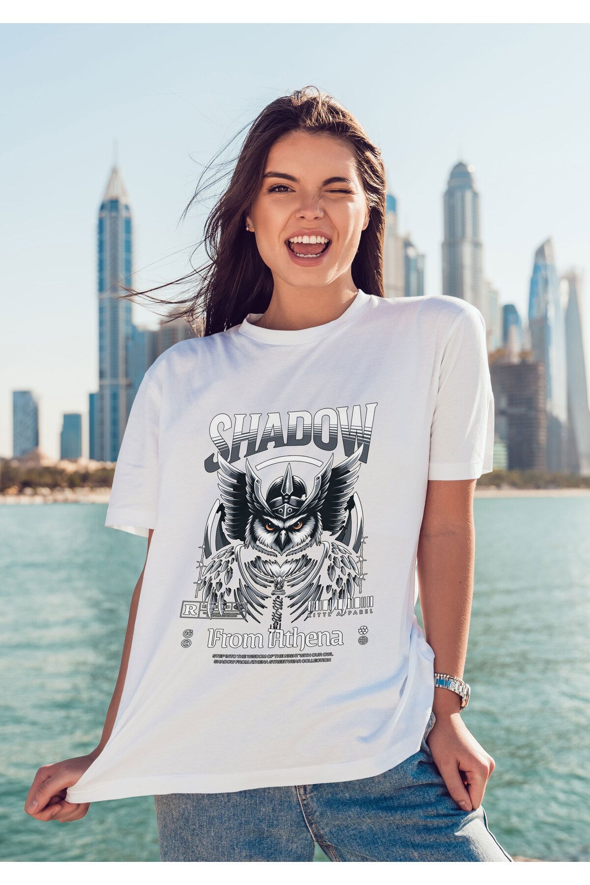 ELFAMİ Unisex Erkek/Kadın SHADOW Renkli Özel Baskılı Oversize Pamuklu Bisiklet Yaka T-Shirt Tişört
