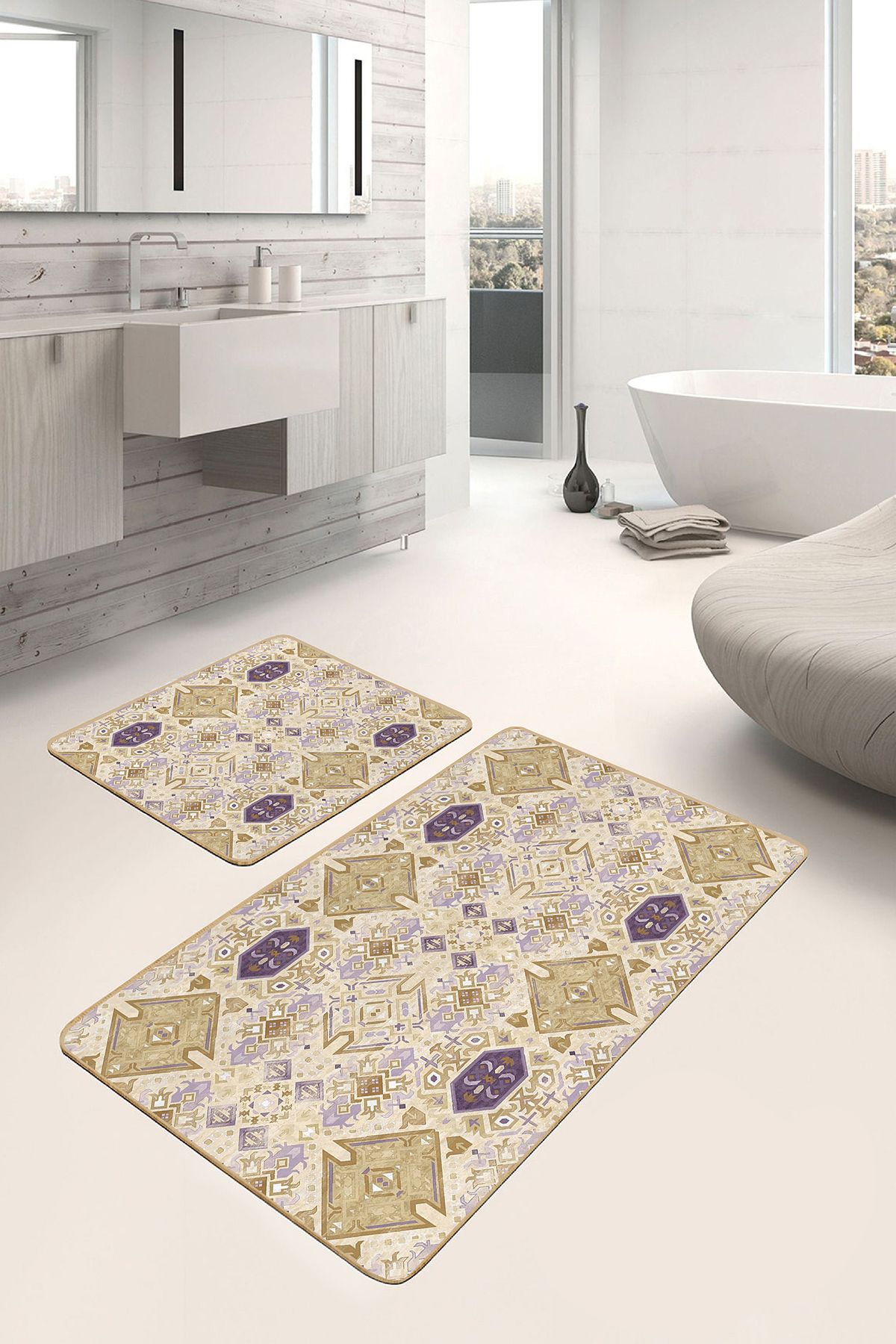 Realhomes 2'li Set Pastel Zeminde Etnik Motifli Suluboya Desenli 2'li Banyo & Mutfak Paspas Takımı