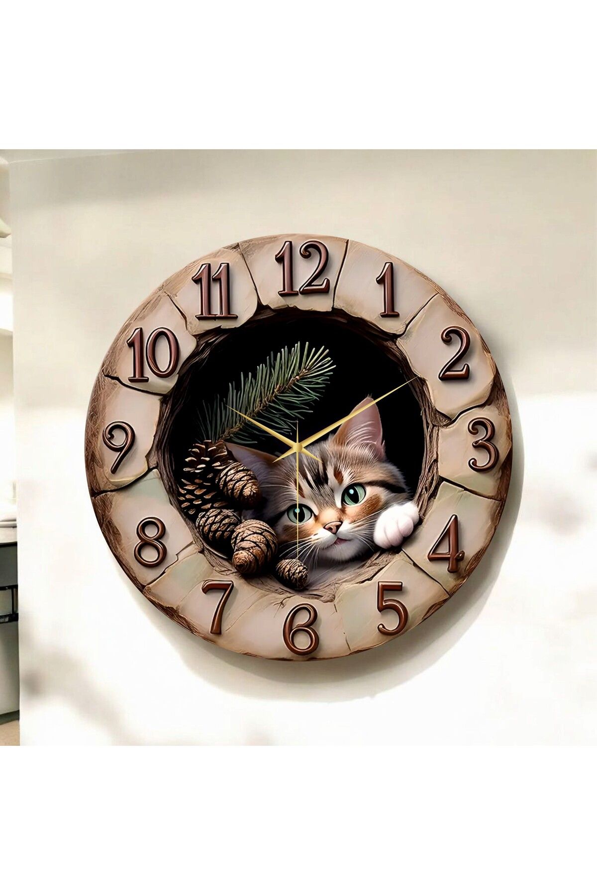AA Shop Ahşap Kabartma Görünümlü Renkli Baskı Kedi Desenli Sayılı Hediyelik Ahşap Sessiz Duvar Saati 50cm