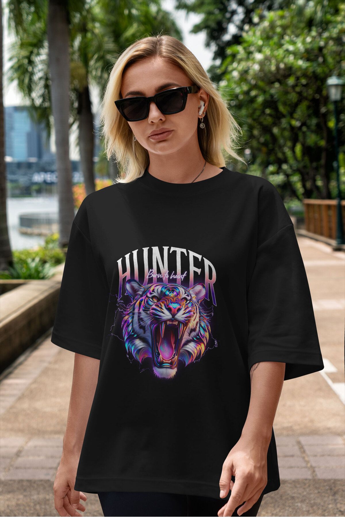 ELFAMİ Unisex Erkek/Kadın HUNTER Renkli Özel Baskılı Oversize Pamuklu Bisiklet Yaka T-Shirt Tişört
