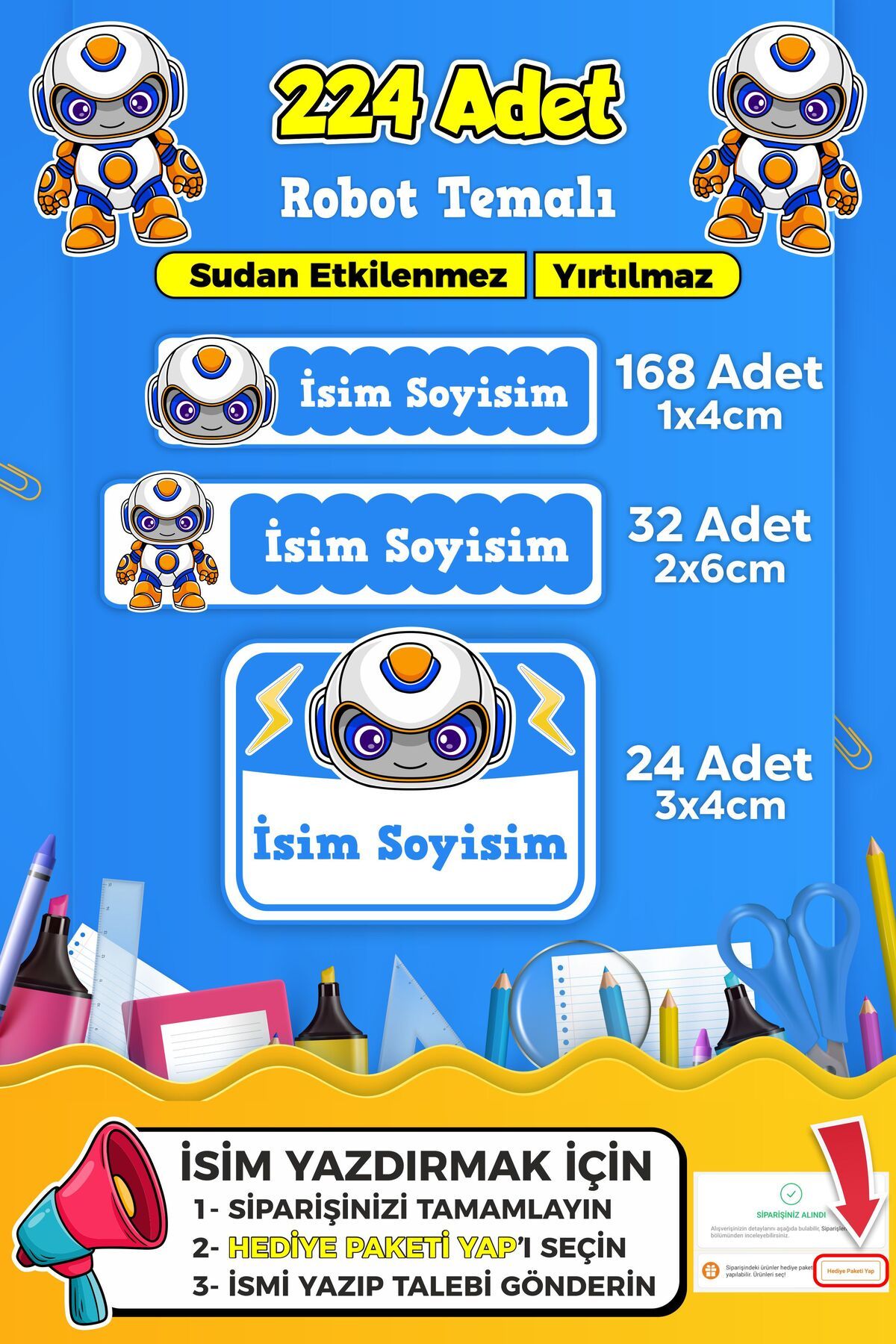 SB store Robot Temalı Okul Kreş Kişiye Özel isim Etiket Seti - Model 432