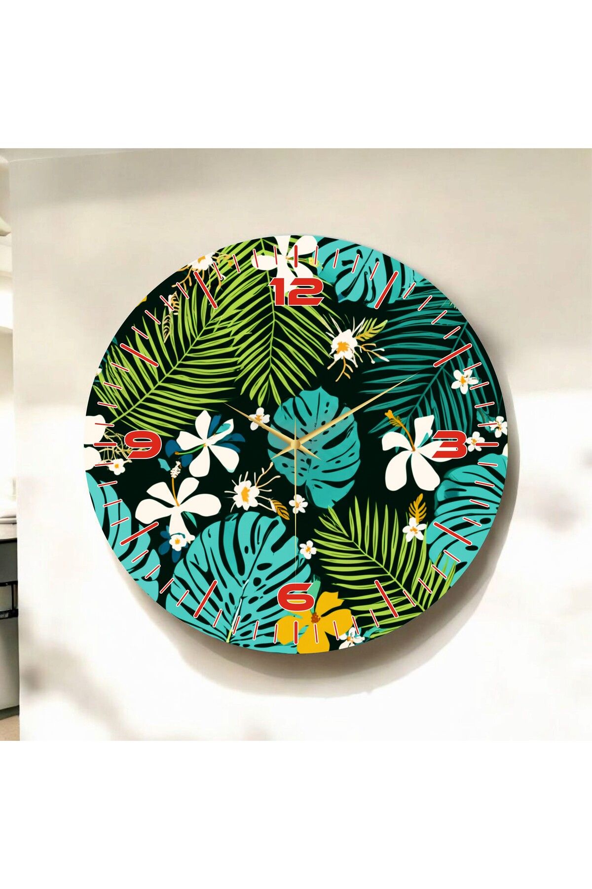 AA Shop Renkli Baskı Çiçek Desenli Sayılı Hediyelik Ahşap Sessiz Duvar Saati 50cm