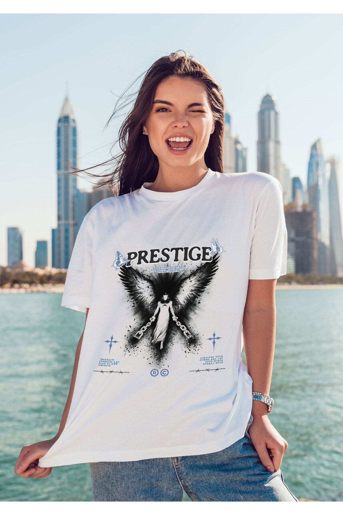 ELFAMİ Unisex Erkek/Kadın PRESTIGE Renkli Özel Baskılı Oversize Pamuklu Bisiklet Yaka T-Shirt Tişört