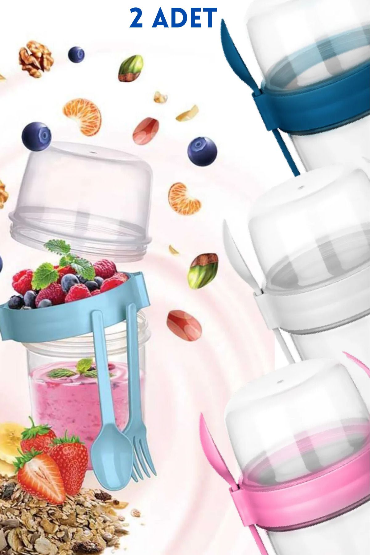 ego home 2 Adet Müsli Kabı Yoğurt Yulaf Diyet 650 ml Saklama Kabı Taşınabilir Kaşıklı Çatallı Ve Kapaklı