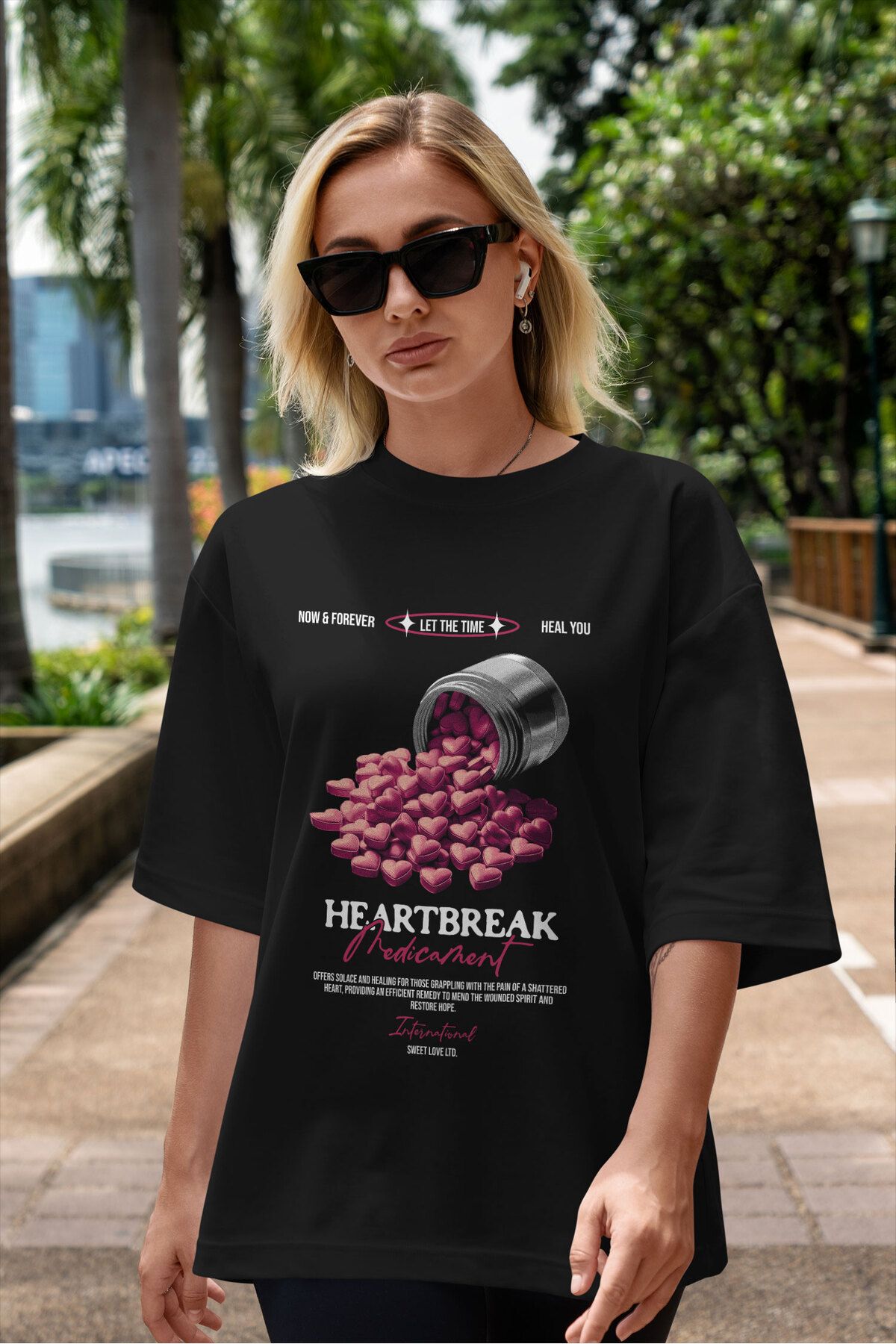 ELFAMİ Unisex Erkek/Kadın HEARTH BREAK 2 Renkli Özel Baskılı Oversize Pamuklu Bisiklet Yaka T-Shirt Tişört