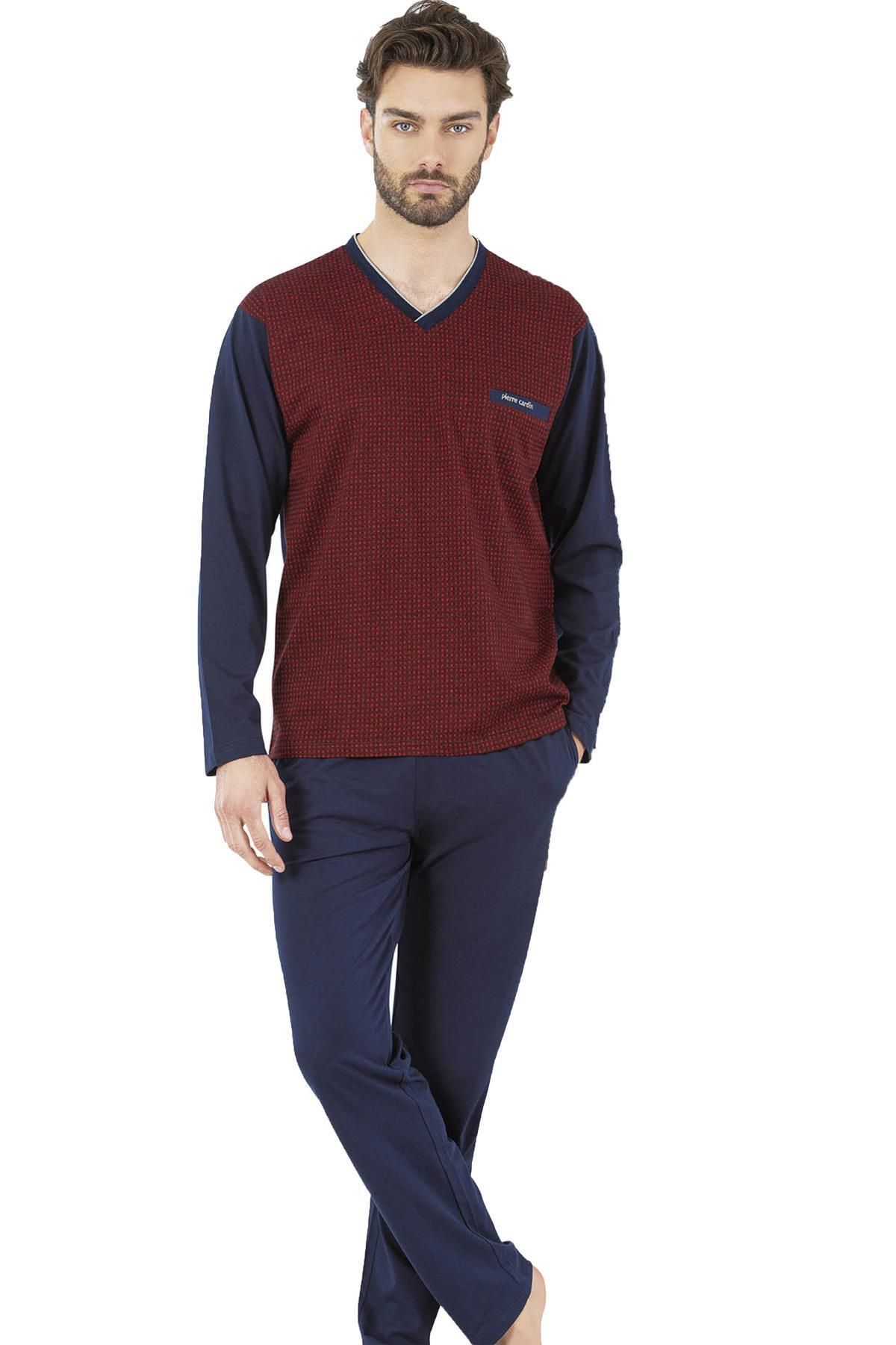 Pierre Cardin Kutulu V Yaka Erkek Pijama Takım, %100 Pamuklu Jakarlı Pijama Takım
