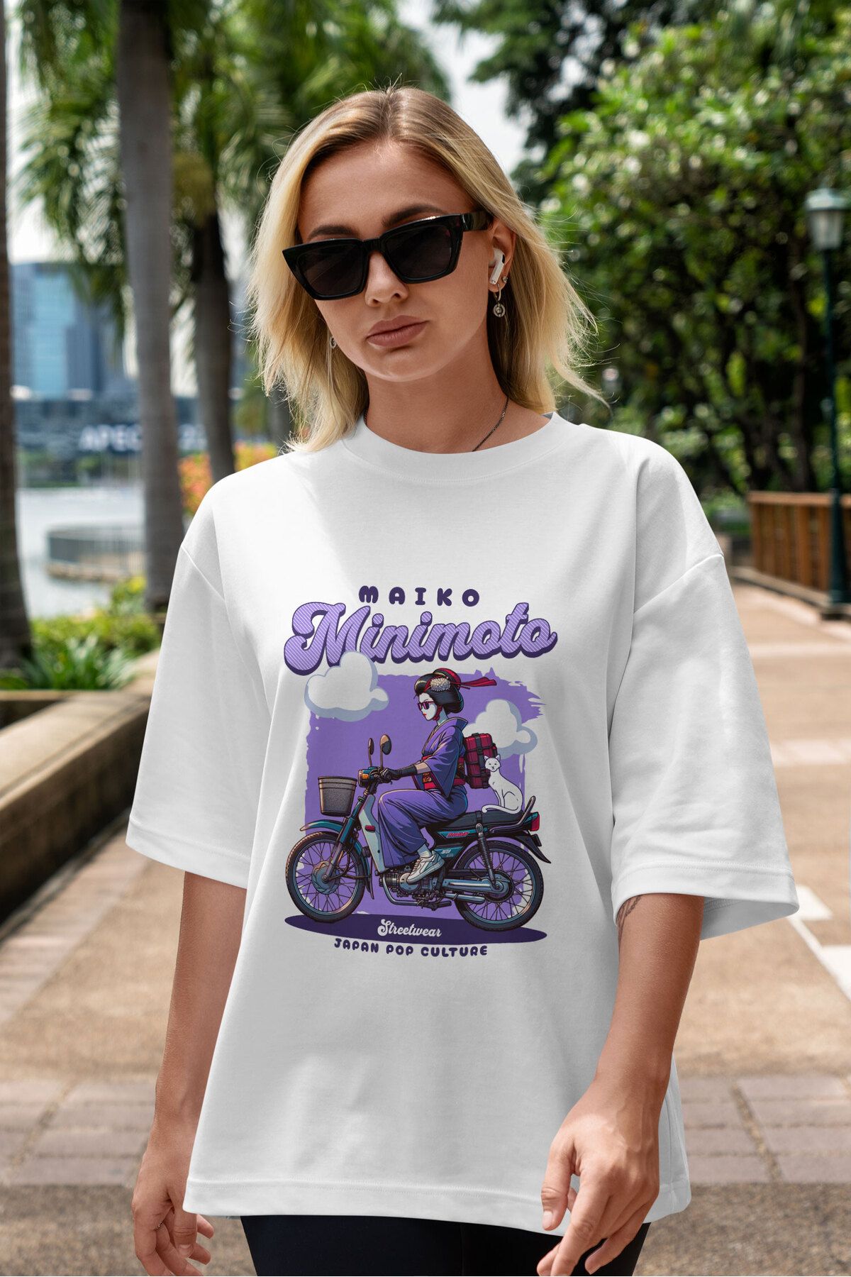 ELFAMİ Unisex Erkek/Kadın MAIKO MINIMOTO Renkli Özel Baskılı Oversize Pamuklu Bisiklet Yaka T-Shirt Tişört