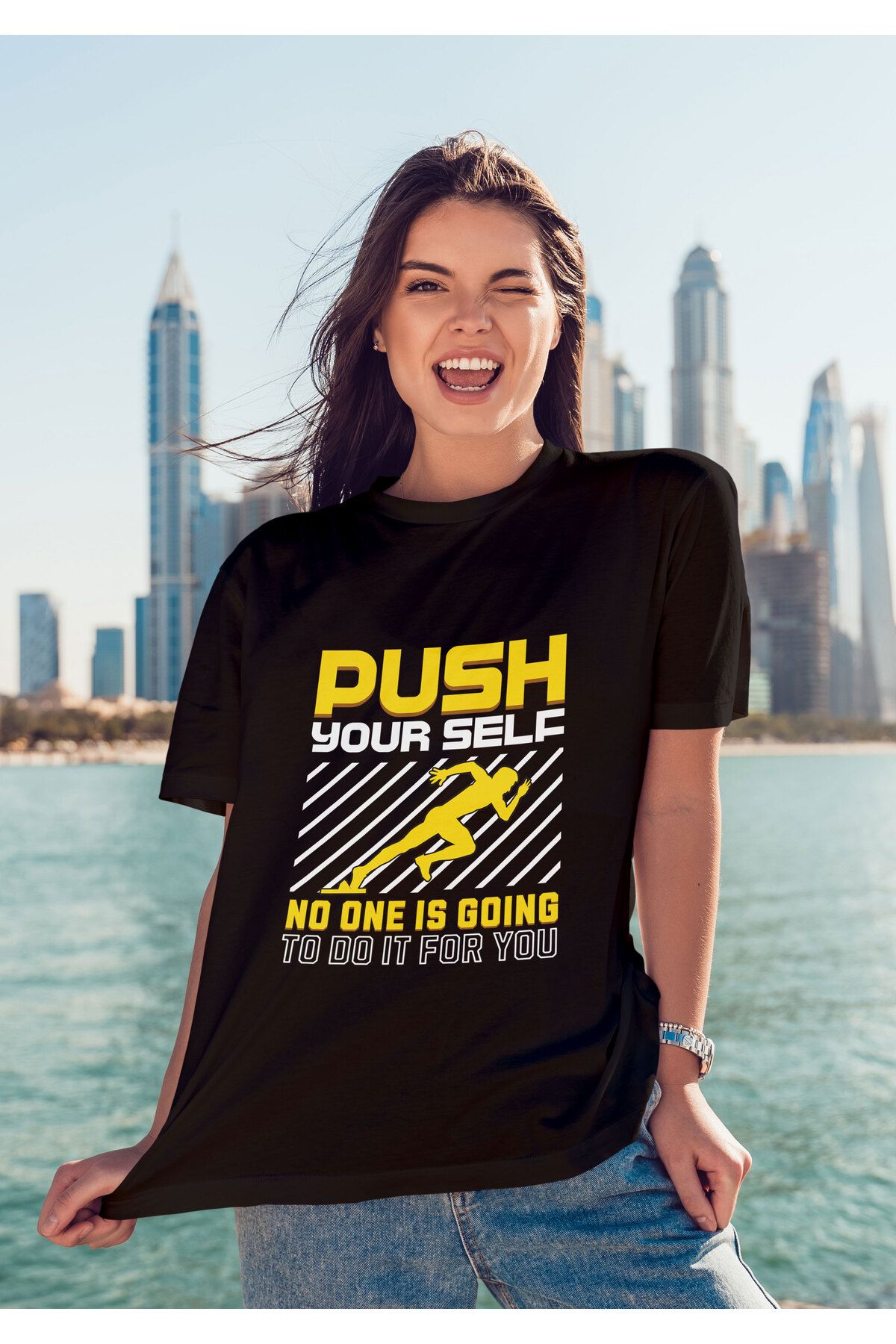 ELFAMİ Unisex Erkek/Kadın PUSH Renkli Özel Baskılı Oversize Pamuklu Bisiklet Yaka T-Shirt Tişört