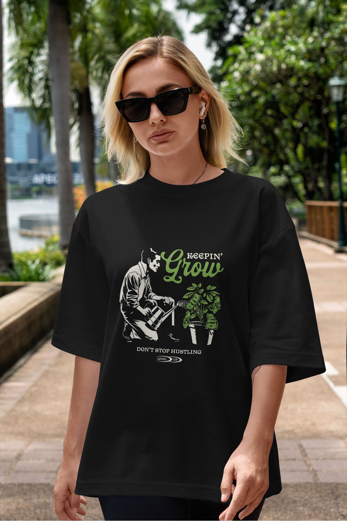 ELFAMİ Unisex Erkek/Kadın GROW Renkli Özel Baskılı Oversize Pamuklu Bisiklet Yaka T-Shirt Tişört