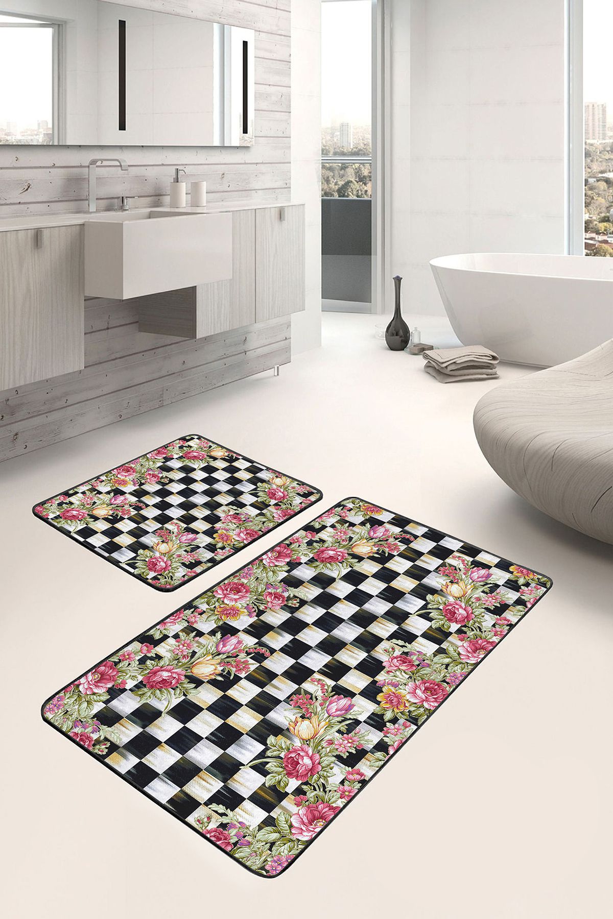 Realhomes 2'li Damalı Zeminde Damask Motifli Çiçek Desenli Floral Geometrik 2'li Banyo & Mutfak Paspas Takımı
