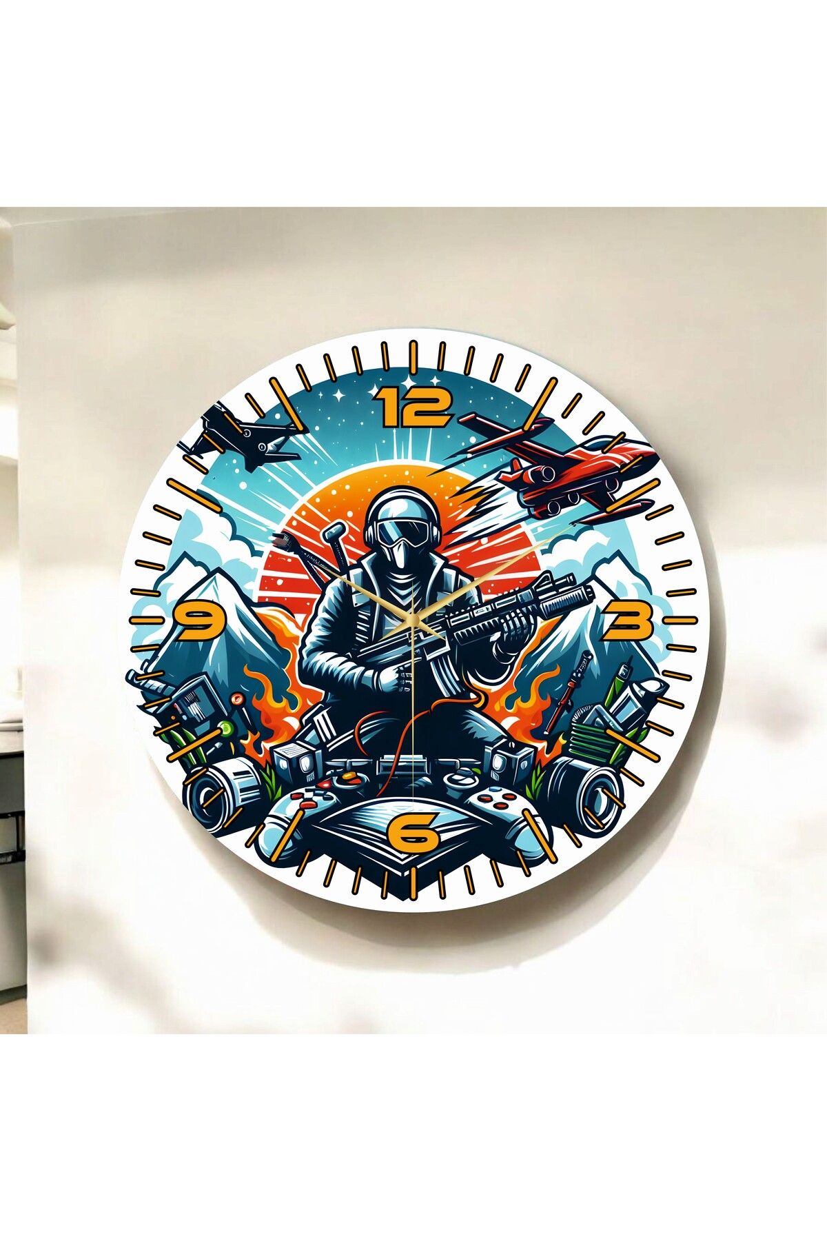 AA Shop Renkli Baskı Gamer Tasarım Desenli Sayılı Hediyelik Ahşap Sessiz Duvar Saati 50cm