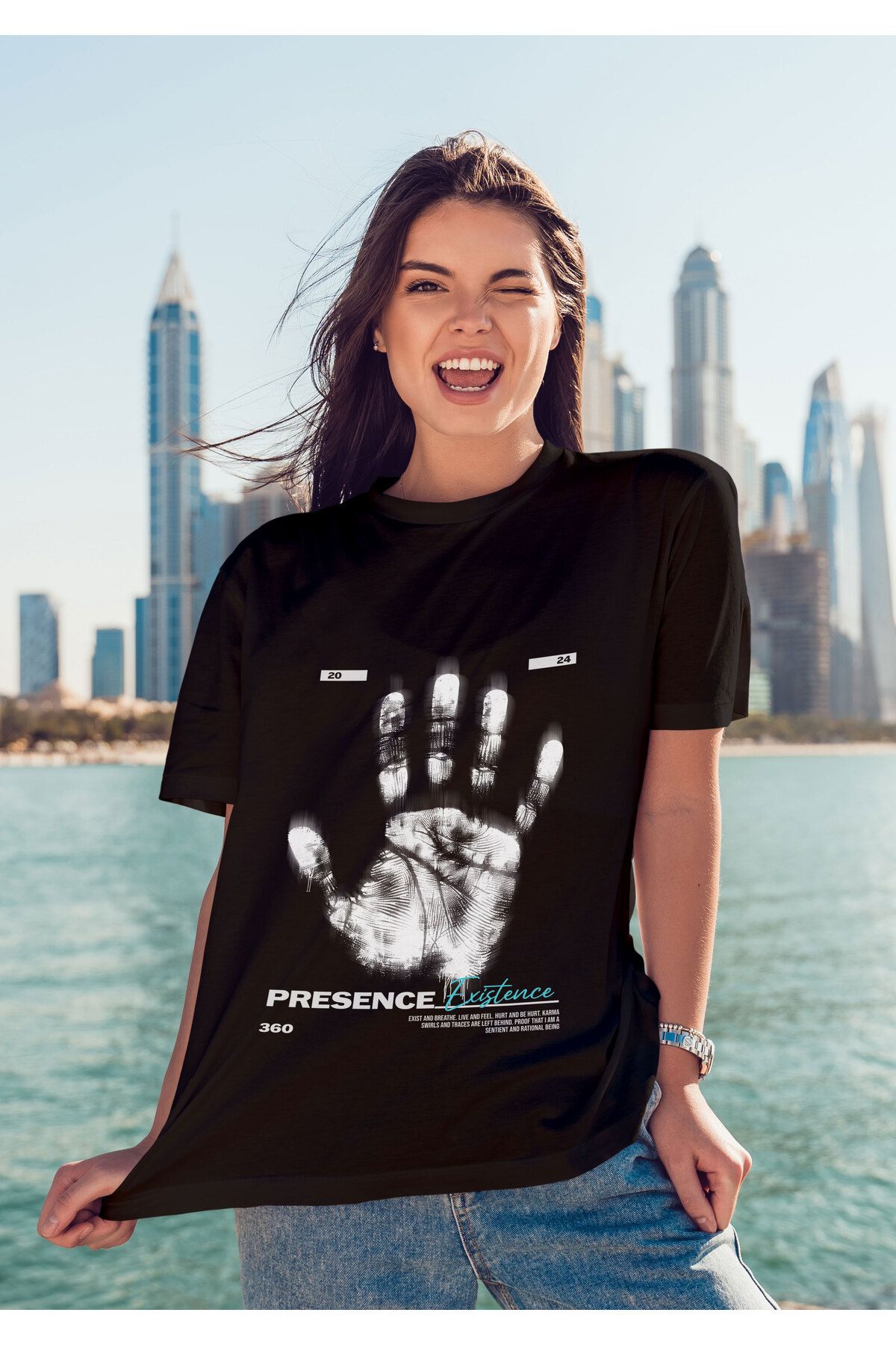 ELFAMİ Unisex Erkek/Kadın EXISTENCE Renkli Özel Baskılı Oversize Pamuklu Bisiklet Yaka T-Shirt Tişört