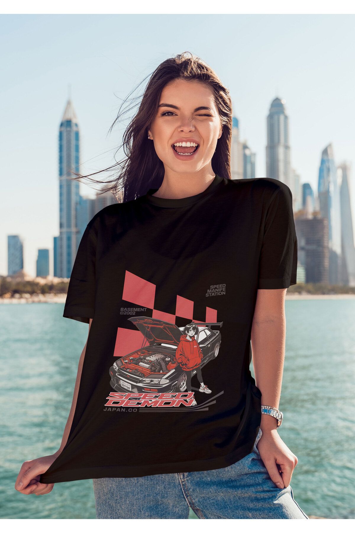 ELFAMİ Unisex Erkek/Kadın SPEED DEMON Renkli Özel Baskılı Oversize Pamuklu Bisiklet Yaka T-Shirt Tişört