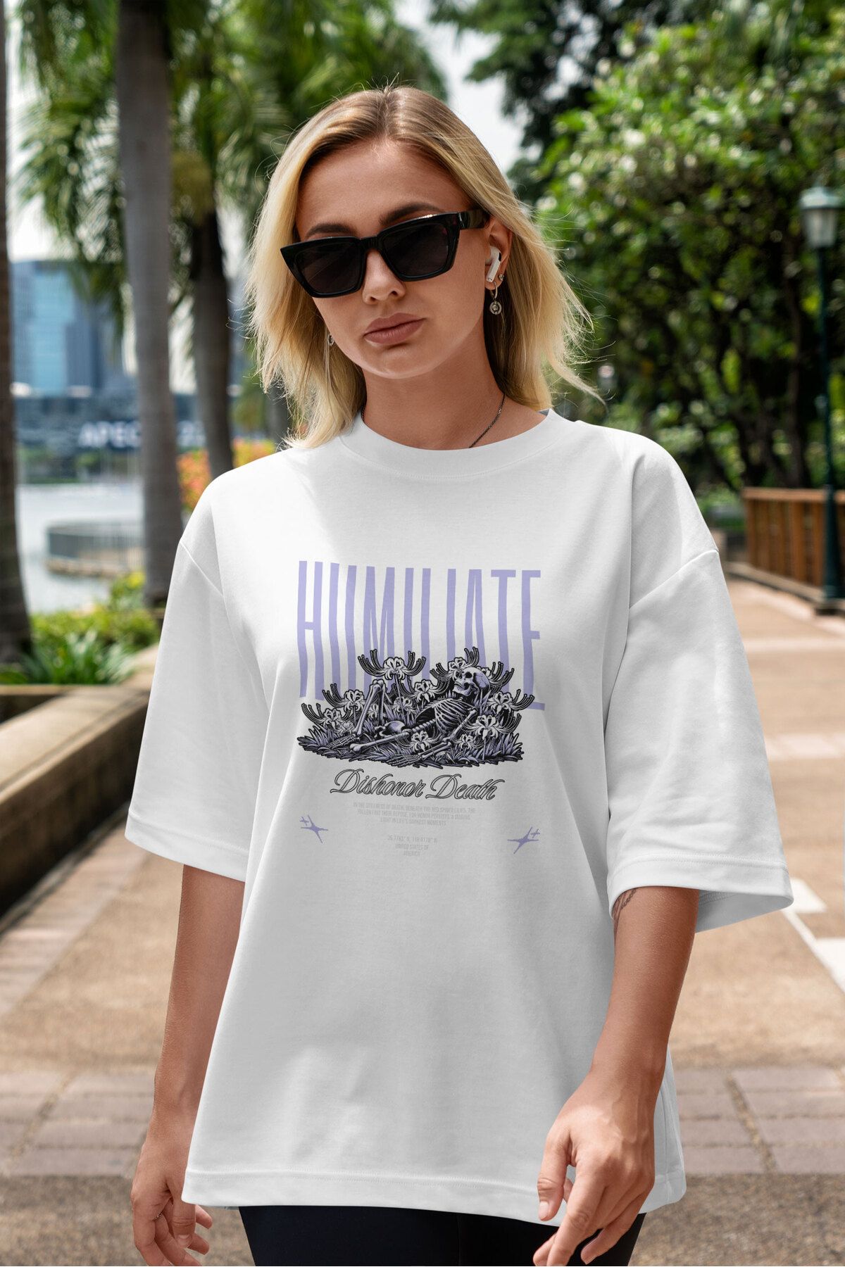 ELFAMİ Unisex Erkek/Kadın HUMILATE Renkli Özel Baskılı Oversize Pamuklu Bisiklet Yaka T-Shirt Tişört