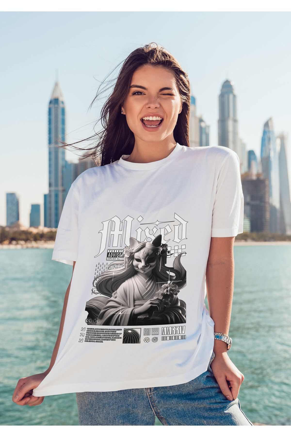 ELFAMİ Unisex Erkek/Kadın MIXED Renkli Özel Baskılı Oversize Pamuklu Bisiklet Yaka T-Shirt Tişört