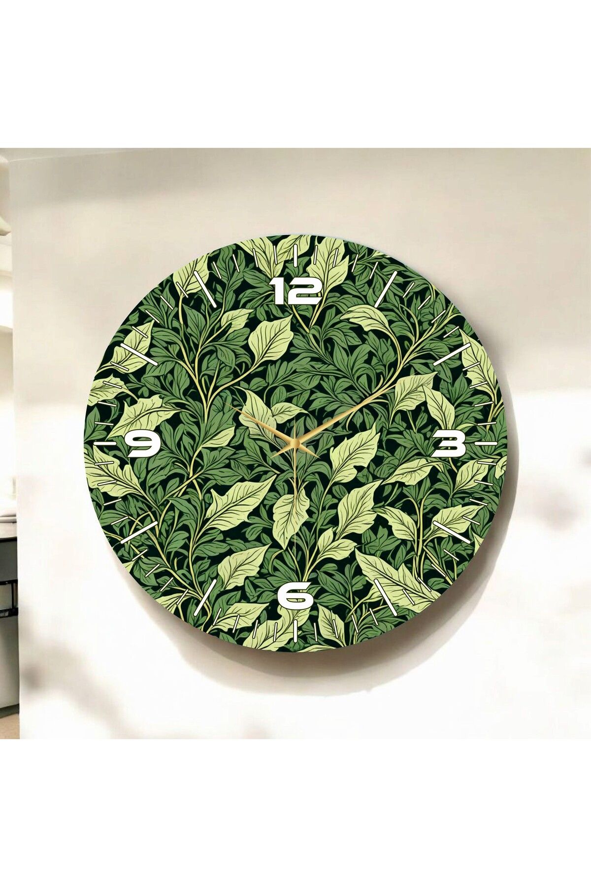 AA Shop Yeşil Renkli Baskı Yaprak Desenli Sayılı Hediyelik Ahşap Sessiz Duvar Saati 50cm