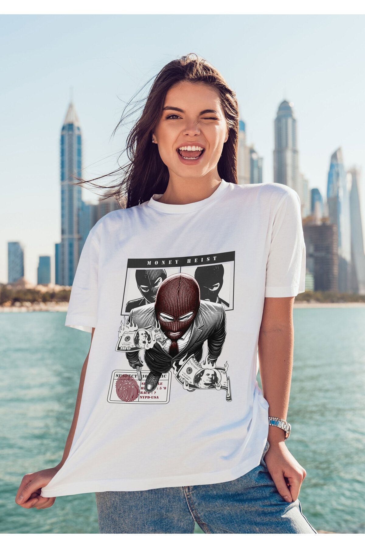 ELFAMİ Unisex Erkek/Kadın MONEY HEIST Renkli Özel Baskılı Oversize Pamuklu Bisiklet Yaka T-Shirt Tişört