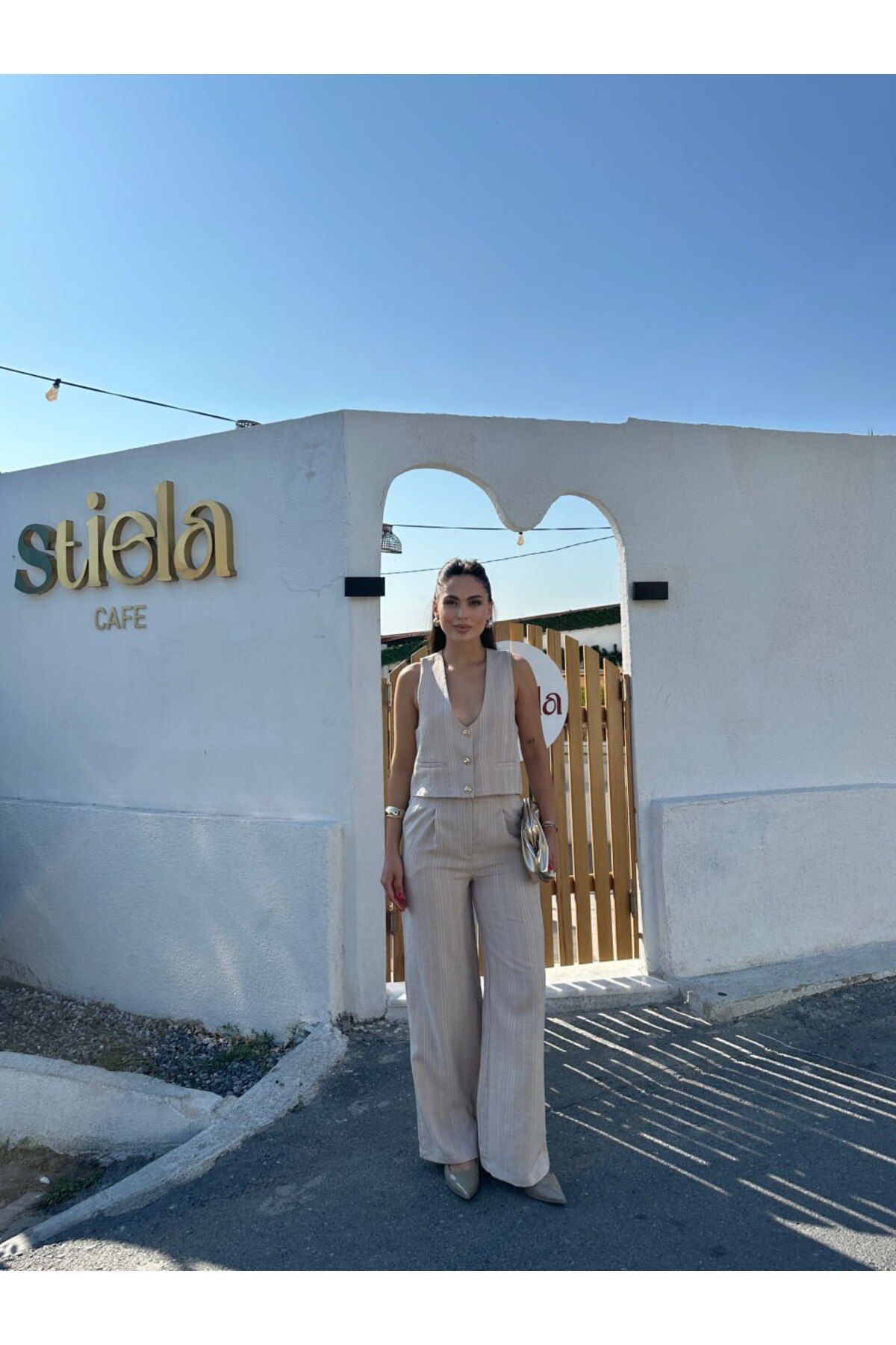 AsprinFashion Çizgili Kumaş Yelek Takım bej