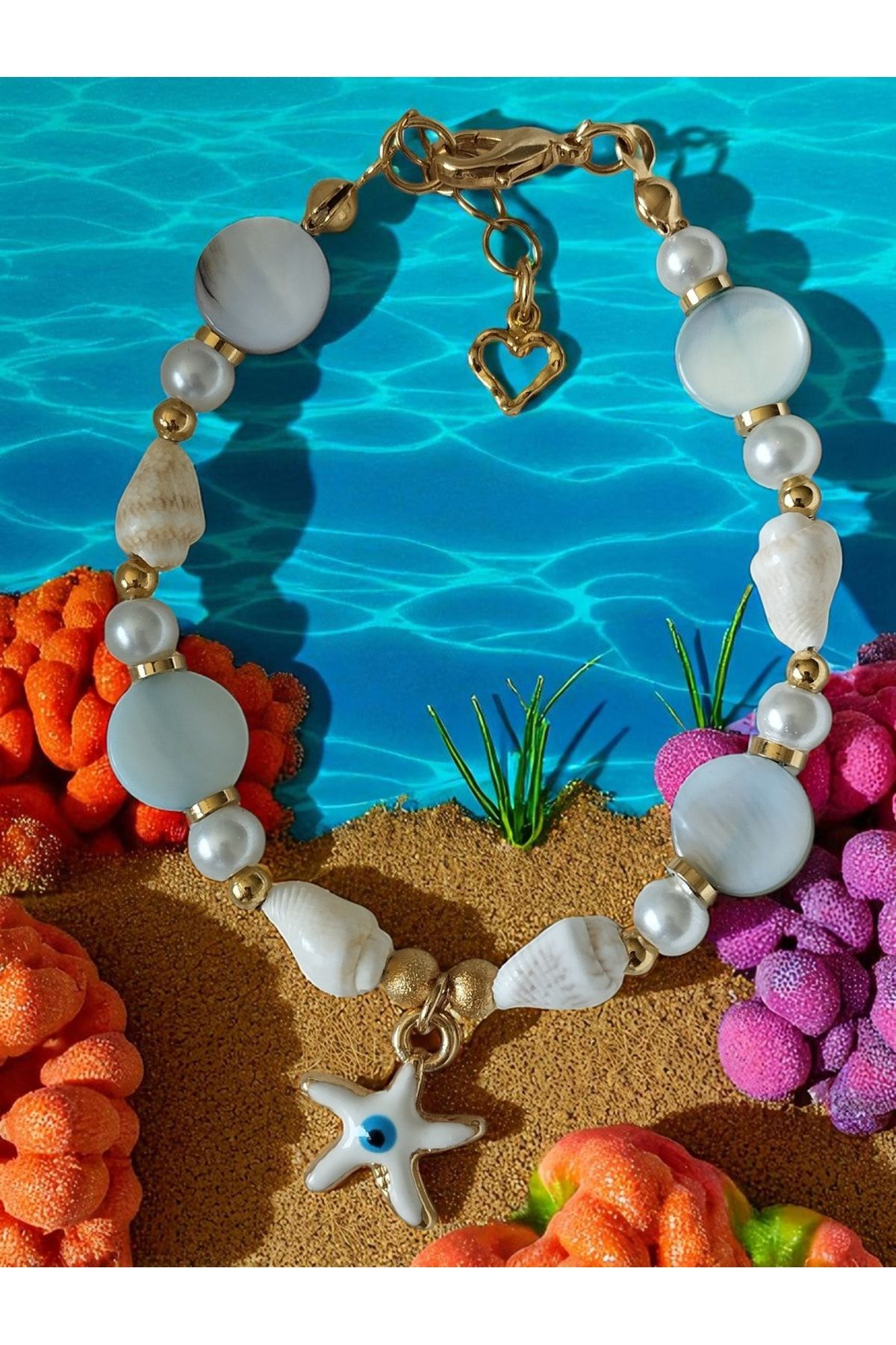 Amabel Jewelerys Deniz Yıldızı, Midye Kabuğu, İnci ve Boncuk Detaylı Yaz Tatili Kadın Bileklik