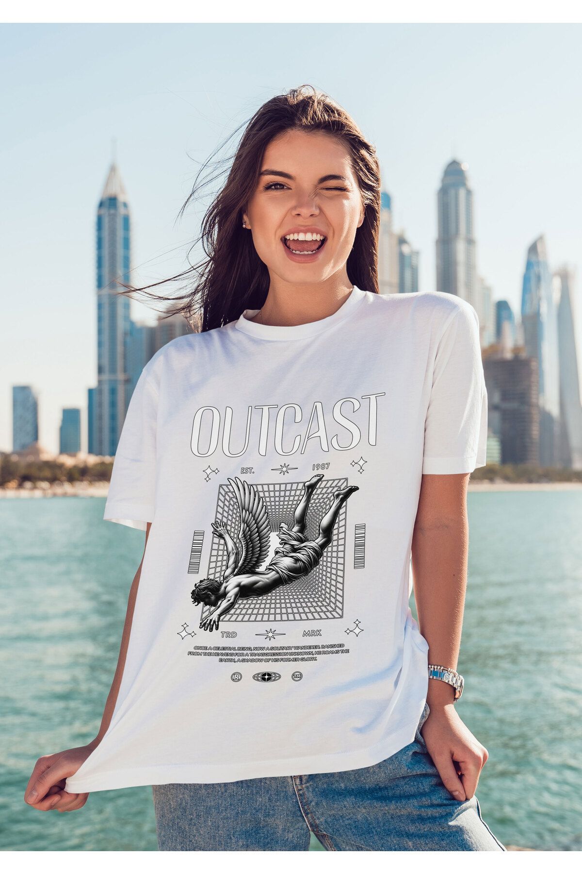 ELFAMİ Unisex Erkek/Kadın OUTCAST Renkli Özel Baskılı Oversize Pamuklu Bisiklet Yaka T-Shirt Tişört