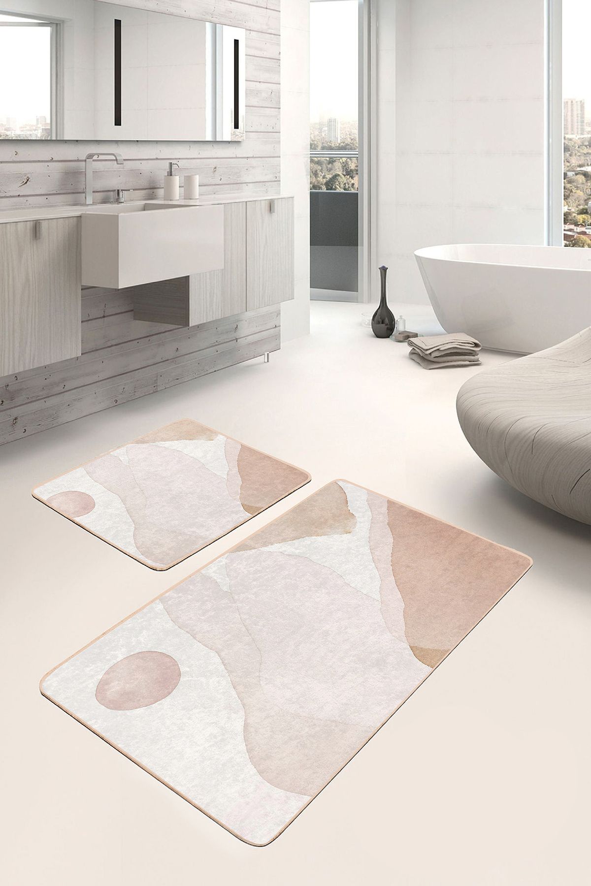 Realhomes Krem Kahverengi Zeminde Modern Sanat Motifli Boyama Bohem Sade Şık 2'li Banyo Mutfak Paspas Takımı