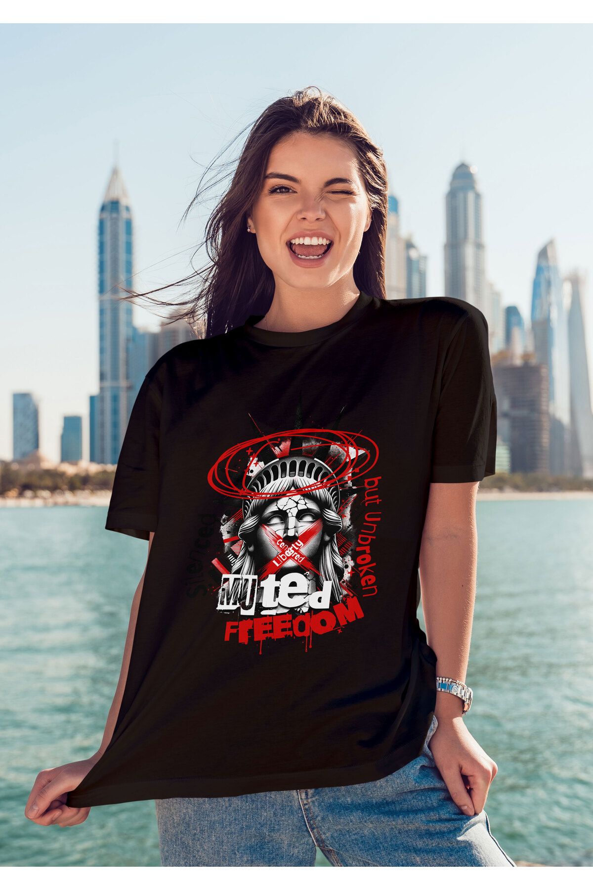 ELFAMİ Unisex Erkek/Kadın FREEDOM Renkli Özel Baskılı Oversize Pamuklu Bisiklet Yaka T-Shirt Tişört