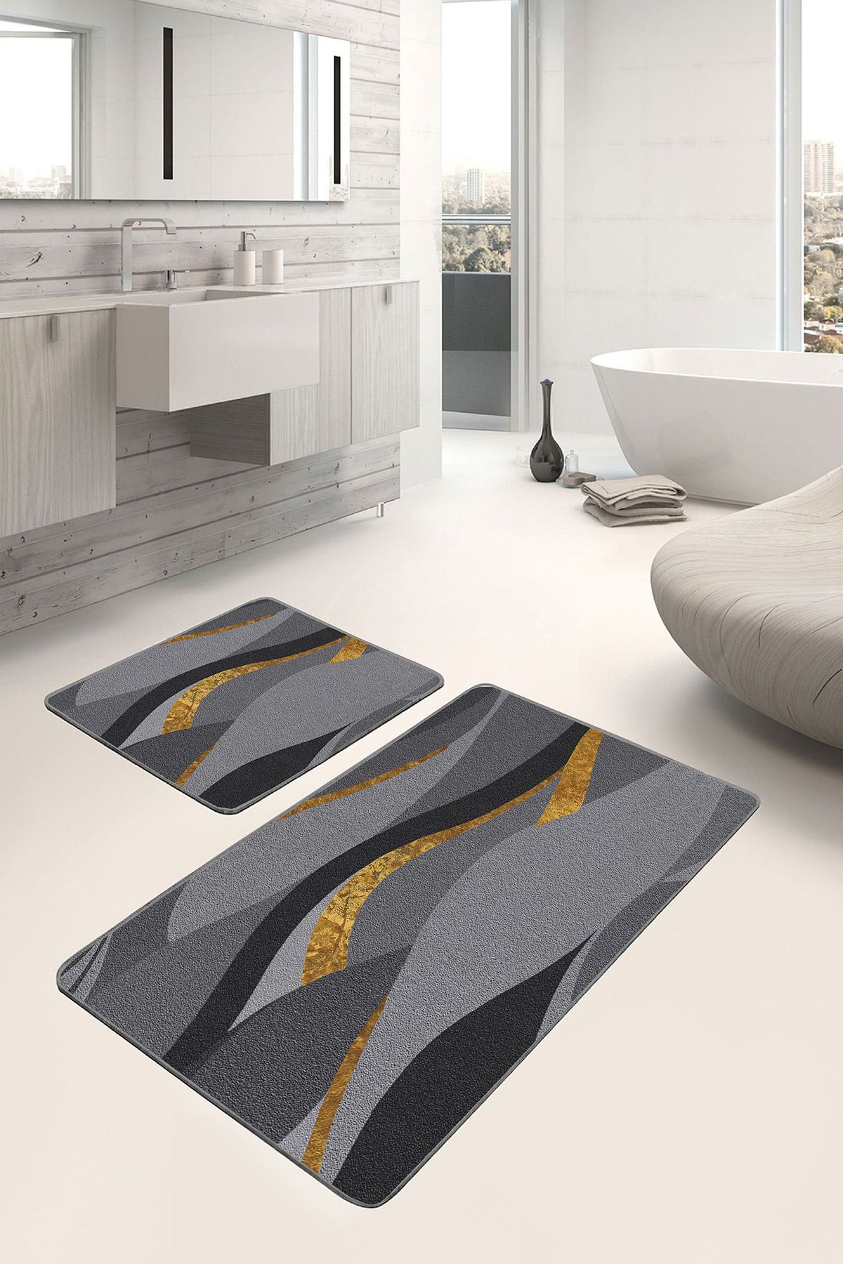 Realhomes 2'li Set Gold - Antrasit Zeminde Kanvas Motifli Altın Desenli Modern Klasik 2'li Banyo Paspas Takımı