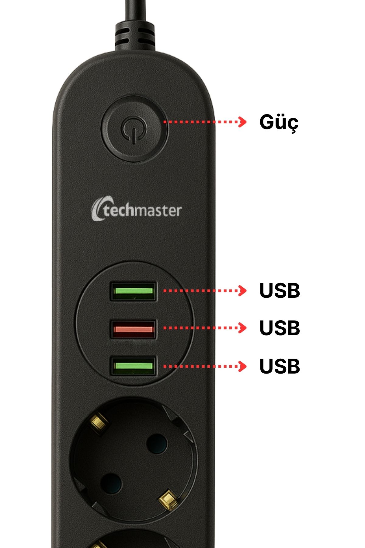 Techmaster-3 USB Current Child Proof 4 Socket Socket 2Mt Black 3