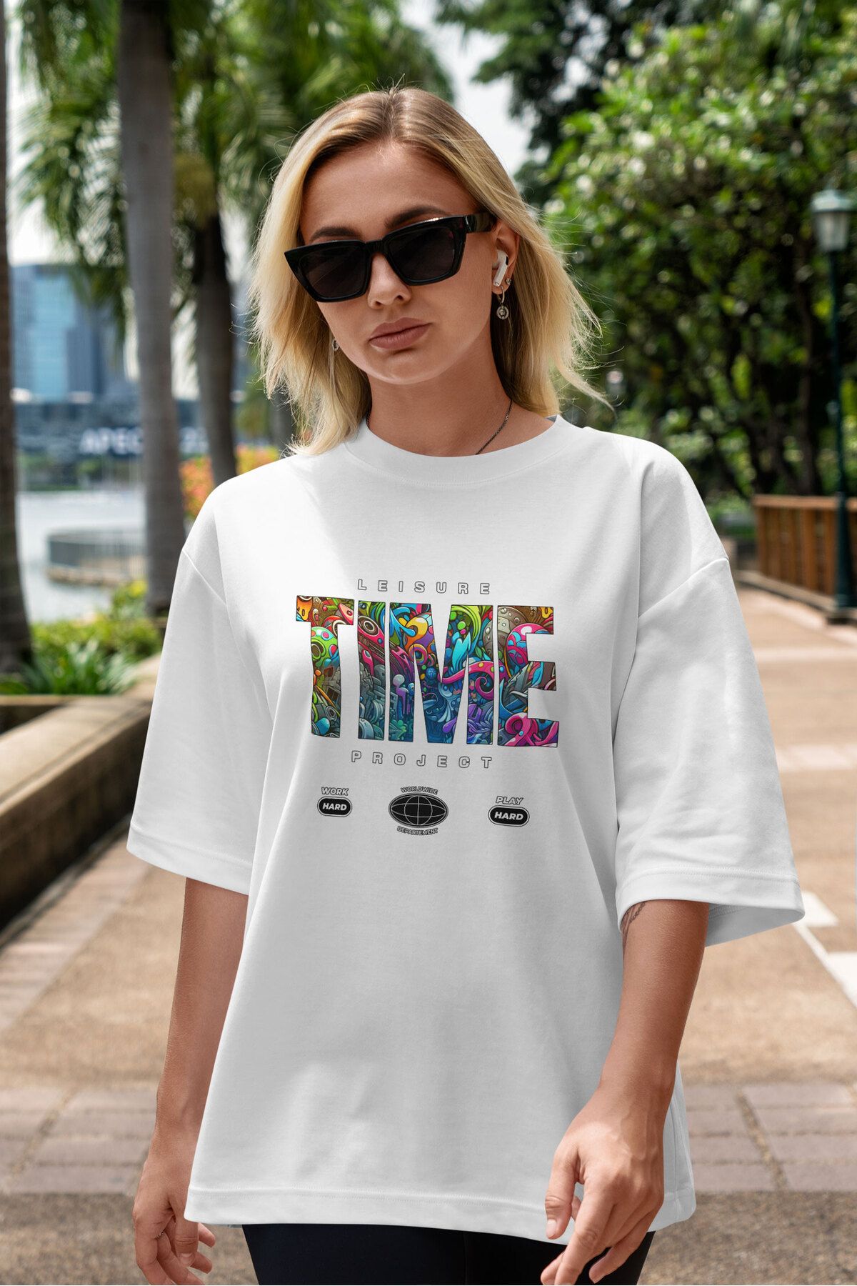 ELFAMİ Unisex Erkek/Kadın TIME Renkli Özel Baskılı Oversize Pamuklu Bisiklet Yaka T-Shirt Tişört