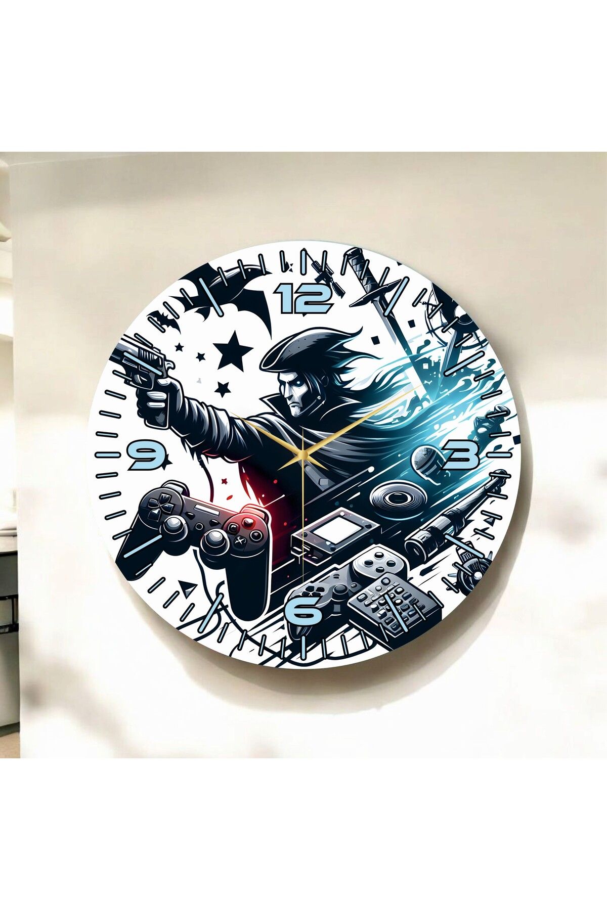 AA Shop Siyah Beyaz Renkli Baskı Game ve Oyun Konsolu Desenli Sayılı Hediyelik Ahşap Sessiz Duvar Saati 50cm