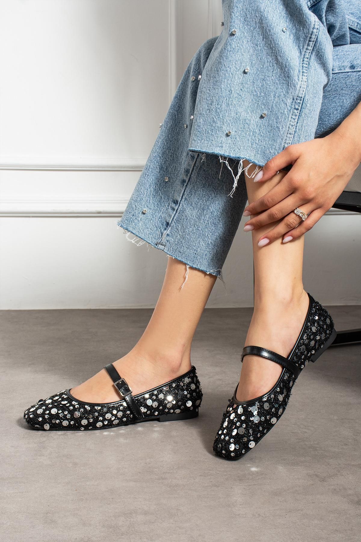 ShoeTek Lirissa Kadın Babet Önden Bantlı Gümüş Pullu Siyah