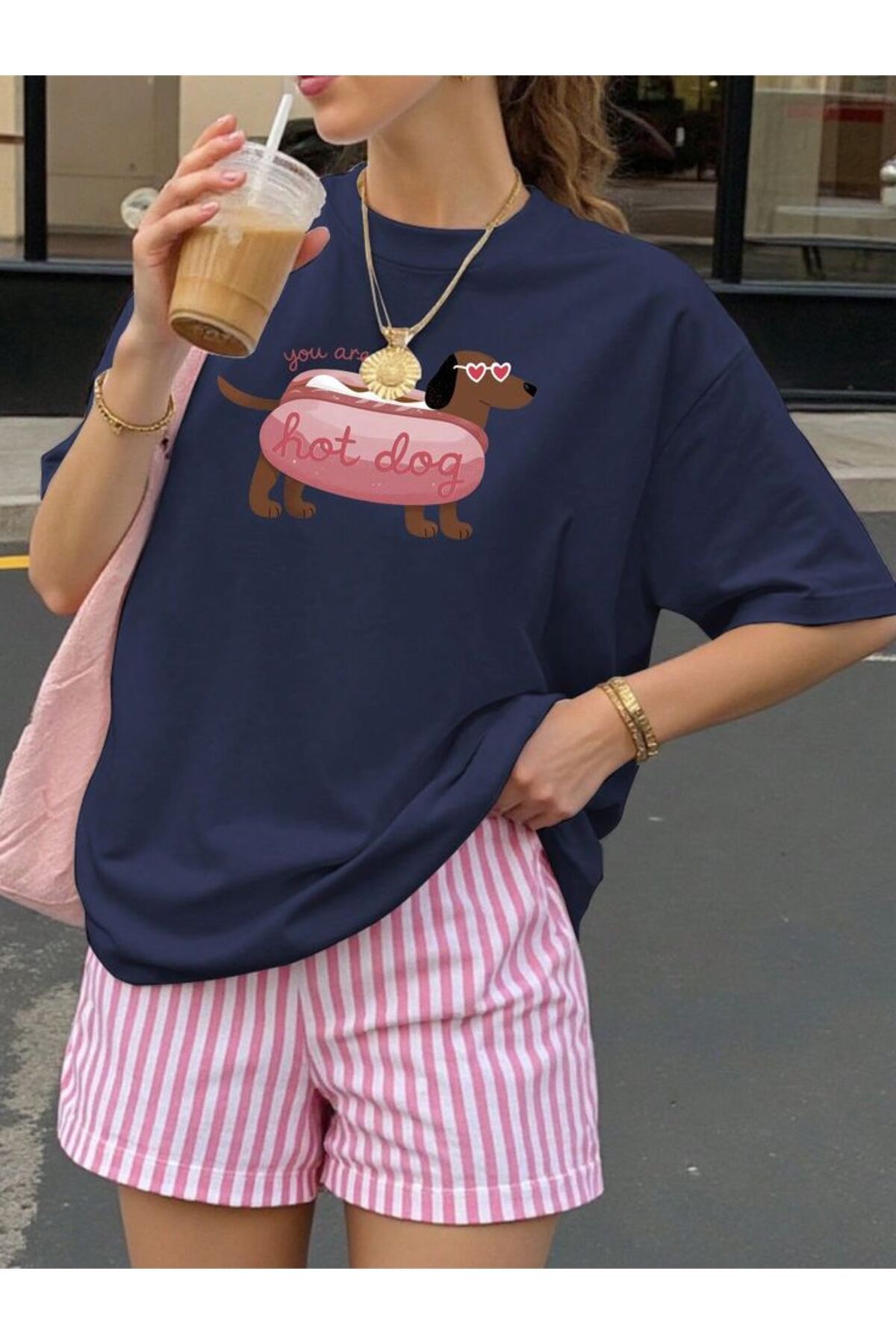 Carlson Lacivert Unisex Hot Dog Baskılı Oversize T-Shirt