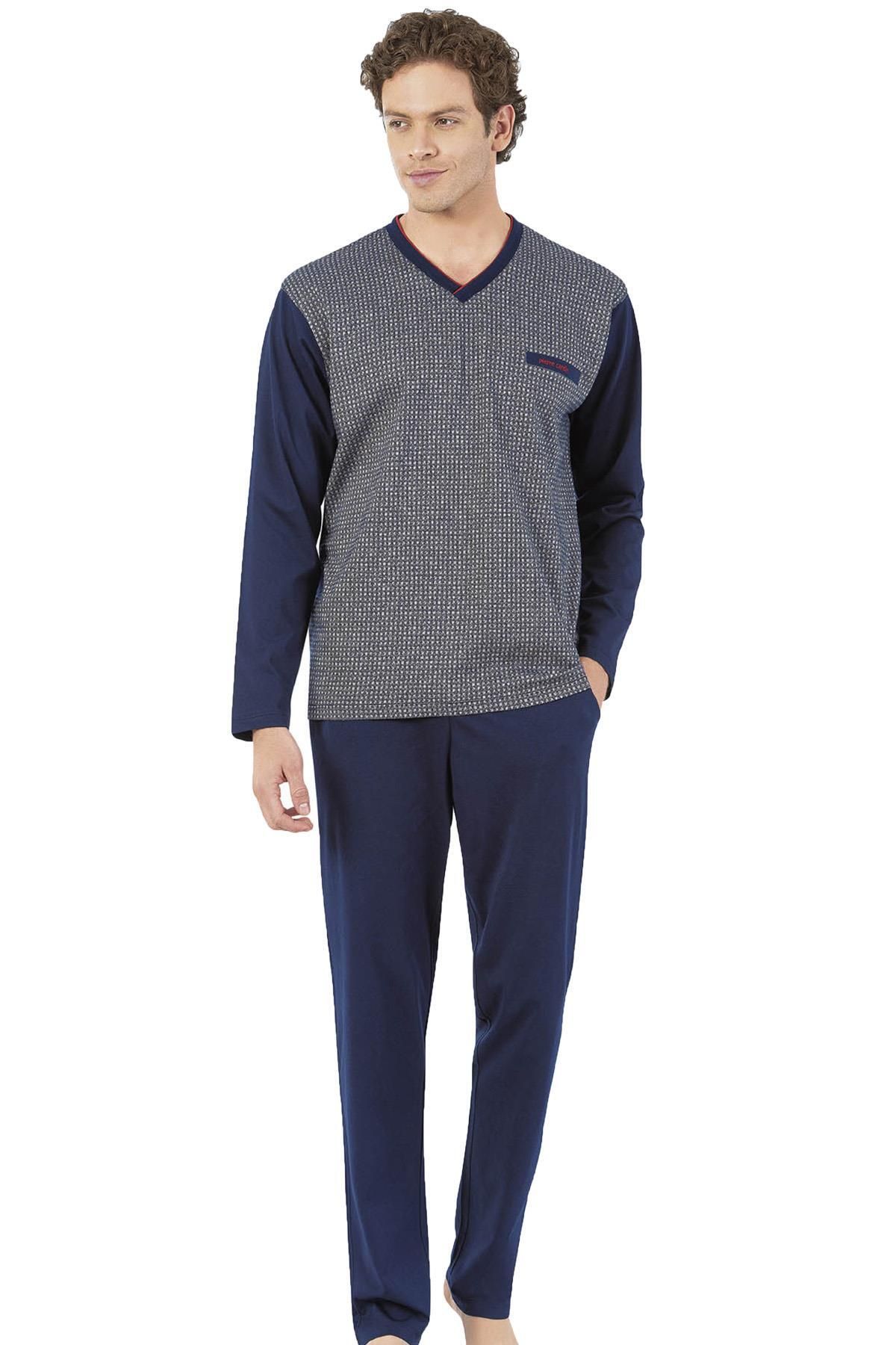 Pierre Cardin Kutulu V Yaka Erkek Pijama Takım, %100 Pamuklu Jakarlı Pijama Takım