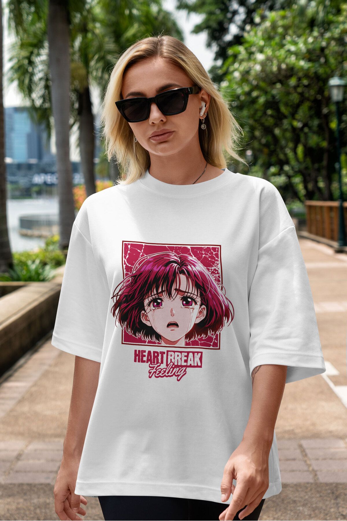 ELFAMİ Unisex Erkek/Kadın HEARTH BREAK Renkli Özel Baskılı Oversize Pamuklu Bisiklet Yaka T-Shirt Tişört